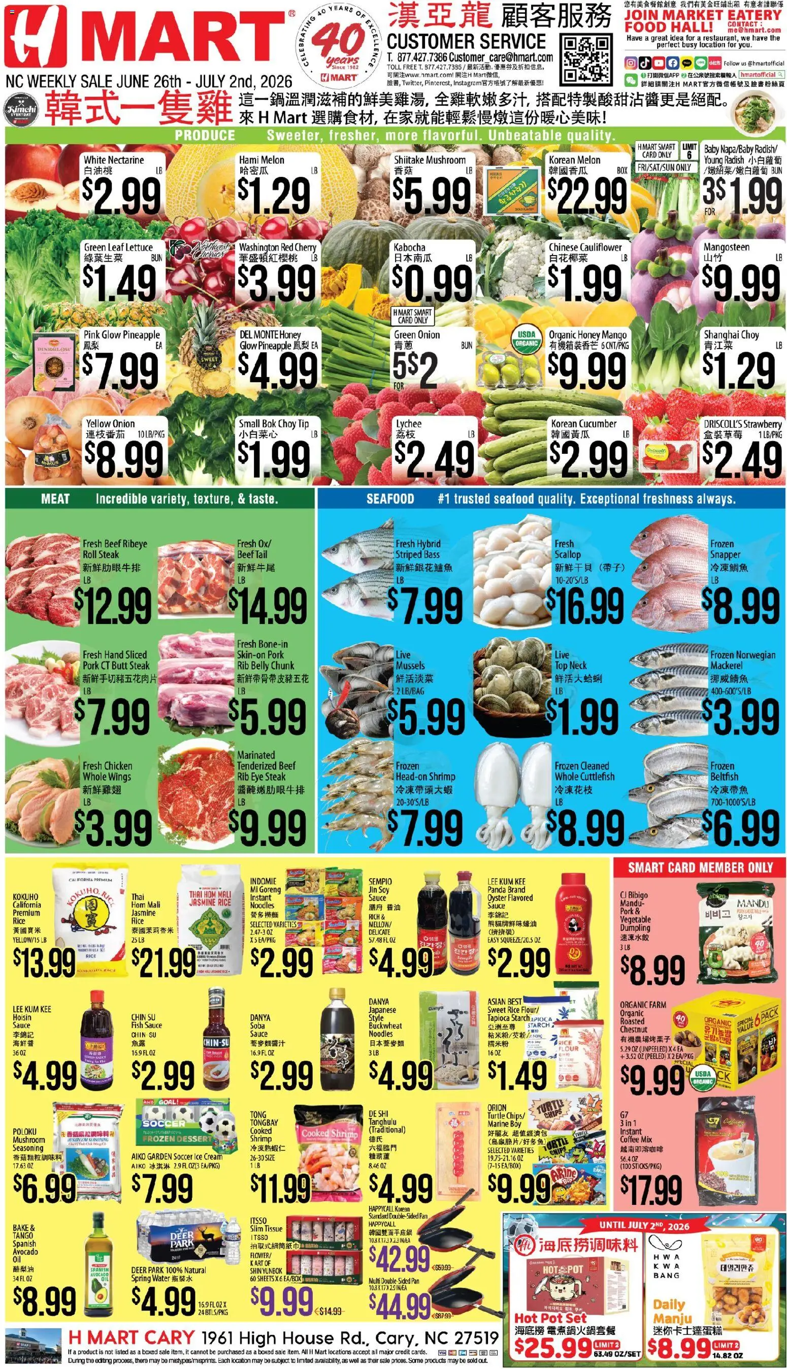Ad Preview of Hmart Hmart CHINESE - North Carolina from 06/26/2026 - Noodles, Avocado, Shrimp, Lettuce, Melon, Cauliflower, Nectarine, Sauce
