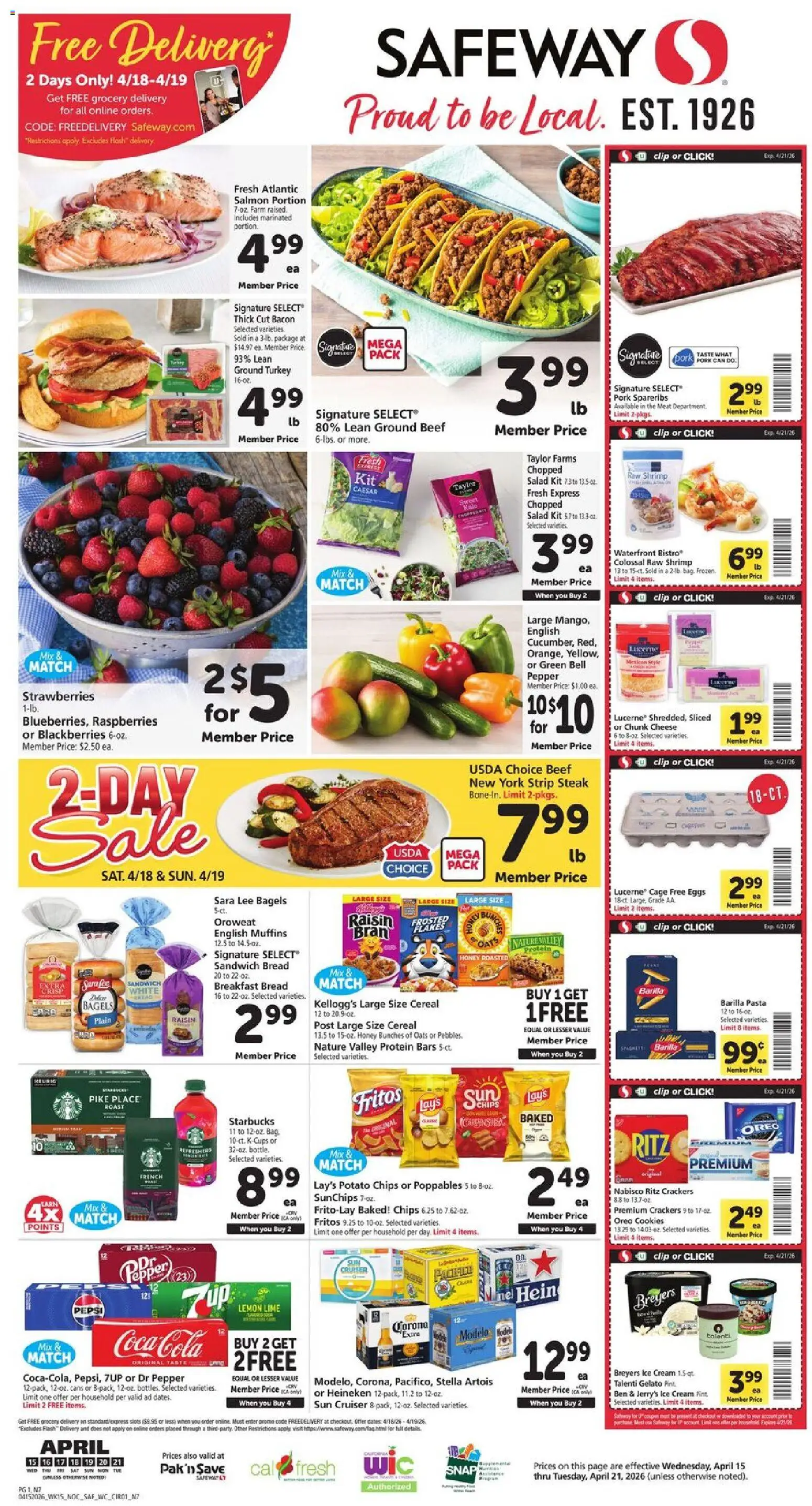 Ad Preview of Safeway Safeway Weekly Ad from 04/15/2026 - Strawberries, Salmon, Oreo, Bacon, Pepper, Lime, Ground beef, Bell pepper