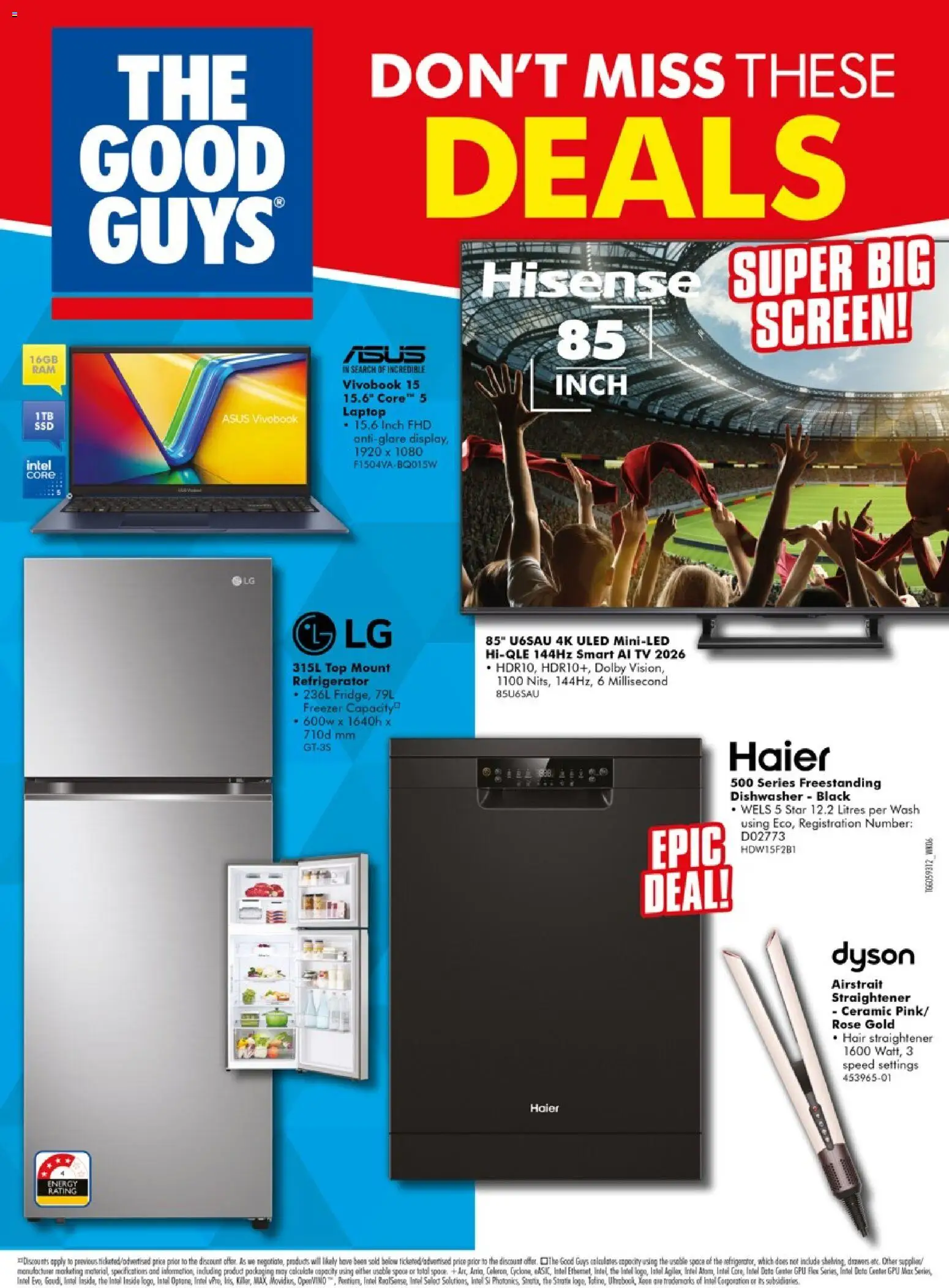 Preview of catalogue The Good Guys DMTD from shop The Good Guys valid 05/08/2026 - Tv, Laptop, Freezer, Refrigerator, Dishwasher, Screen, Hair straightener