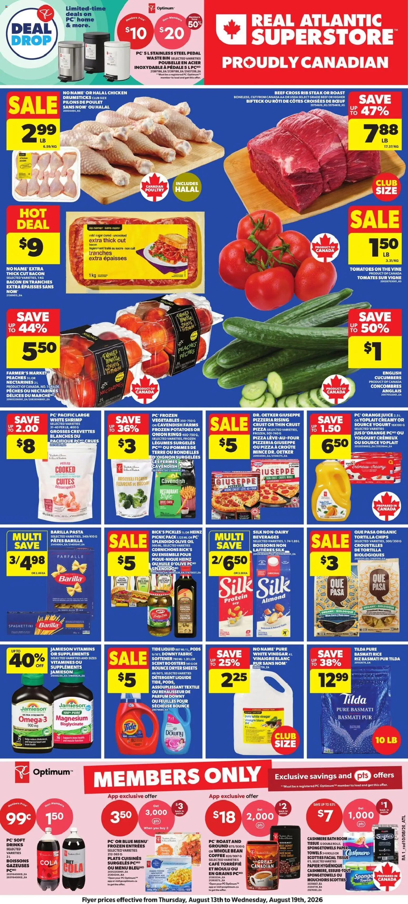 Preview of leaflet Atlantic Superstore weekly flyer / circulaire from shop Atlantic Superstore is valid from Aug 13, 2026 - Pasta, PC, Vegetables, Juice, Peaches, Ketchup, Vinegar, White vinegar