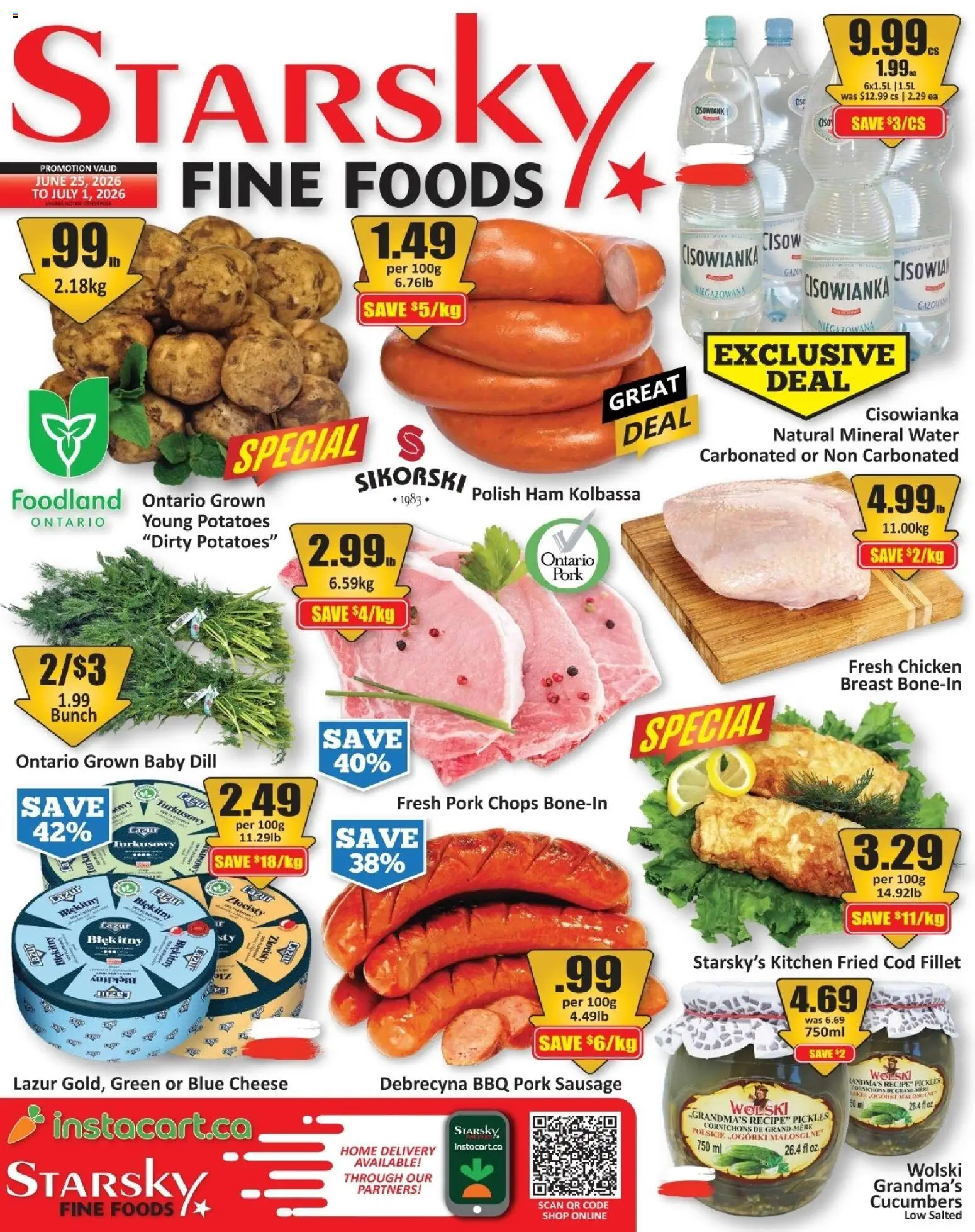 Preview of leaflet Starsky weekly flyer / circulaire from shop Starsky is valid from Jun 25, 2026 - Chicken, Water, Pickles, Sausage, Ham, Pork, Mineral water, Fillet