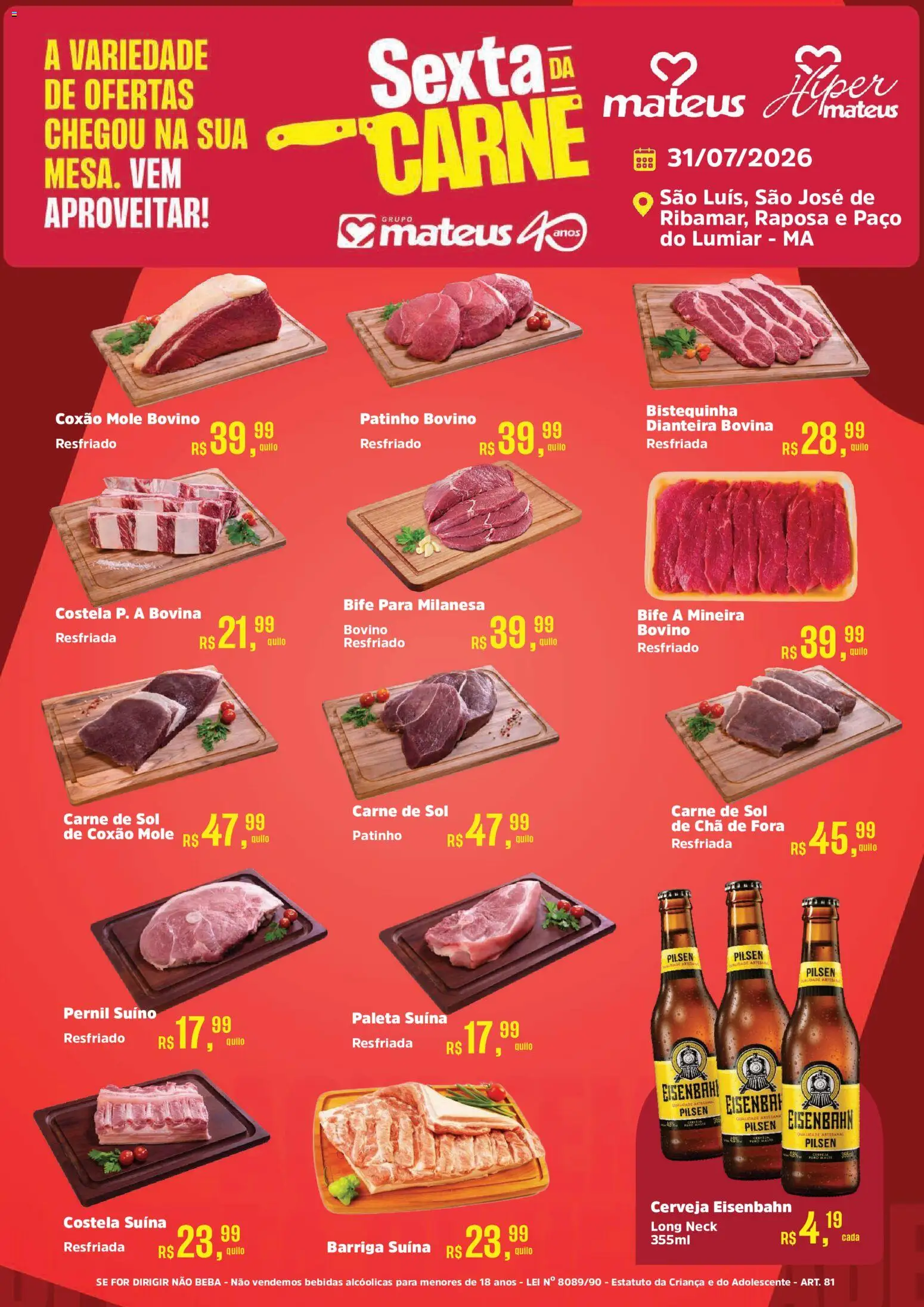 Pré-Visualização do folheto "Mateus ofertas Sexta da Carne" da loja Mateus válido a partir de 31/07/2026 - Cerveja, Bebidas, Carne, Chá, Eisenbahn, Pernil, Paleta suína, Barriga suína