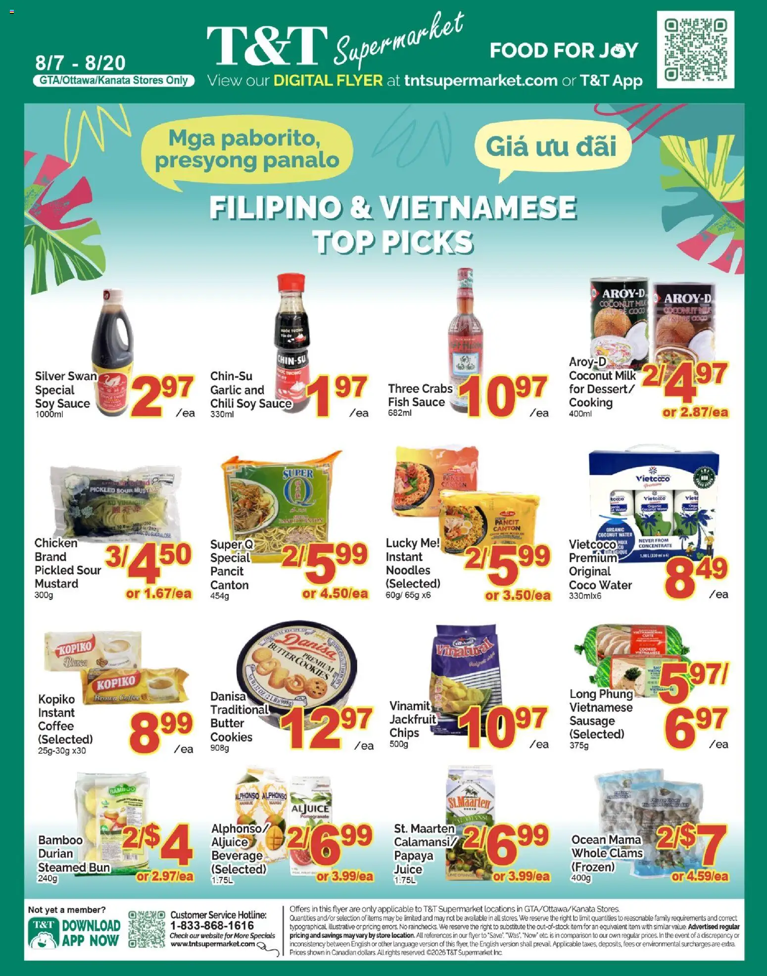 Preview of leaflet T&T Supermarket flyer - Filipino & Vietnamese Top Picks from shop T&T Supermarket is valid from Aug 07, 2026 - Chicken, Noodles, Cookies, Water, Milk, Juice, Butter, Soy sauce