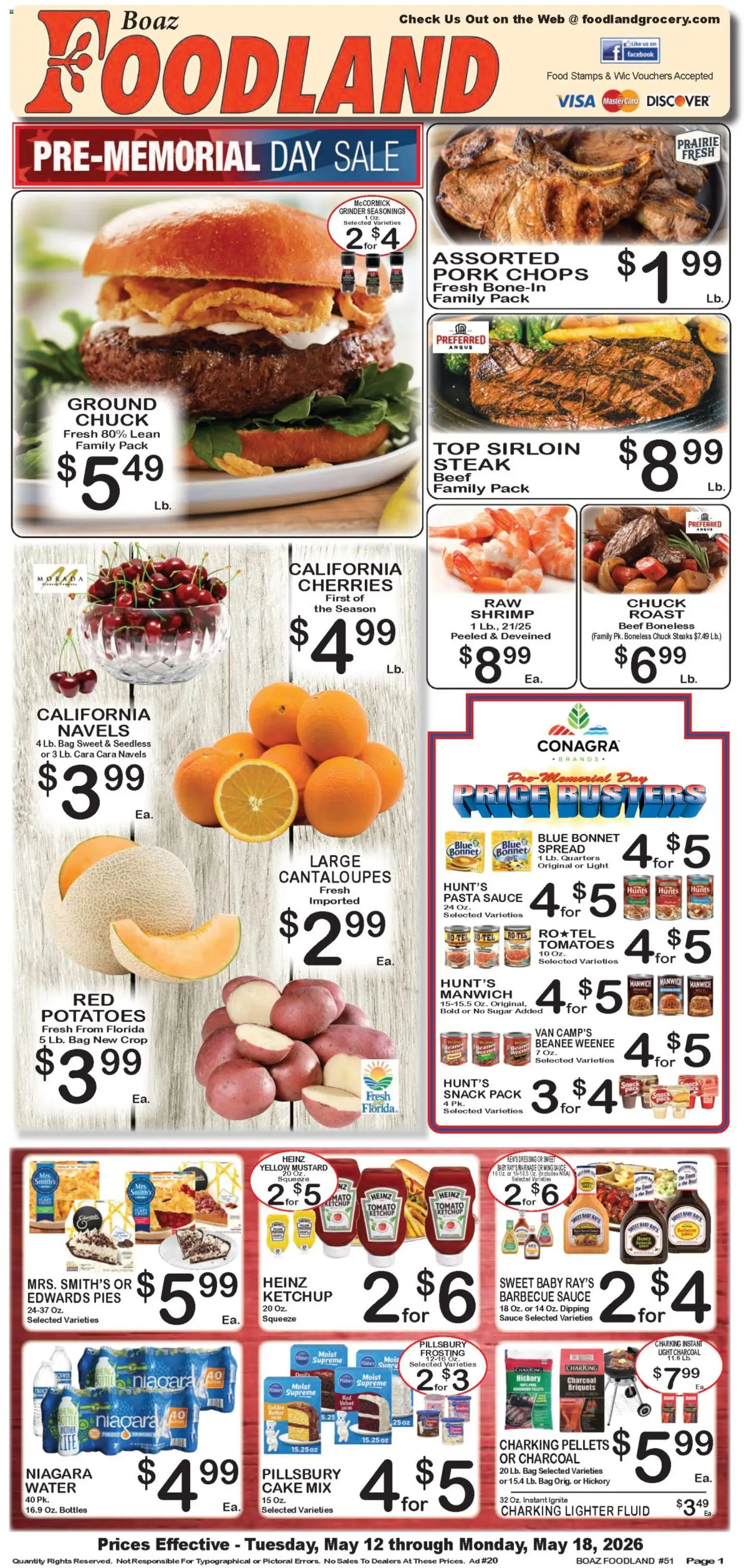 Ad Preview of Foodland Foodland Weekly Ad from 05/12/2026 - Pasta, Tomatoes, Grinder, Bag, Pork, Ketchup, Lighter, Seasonings