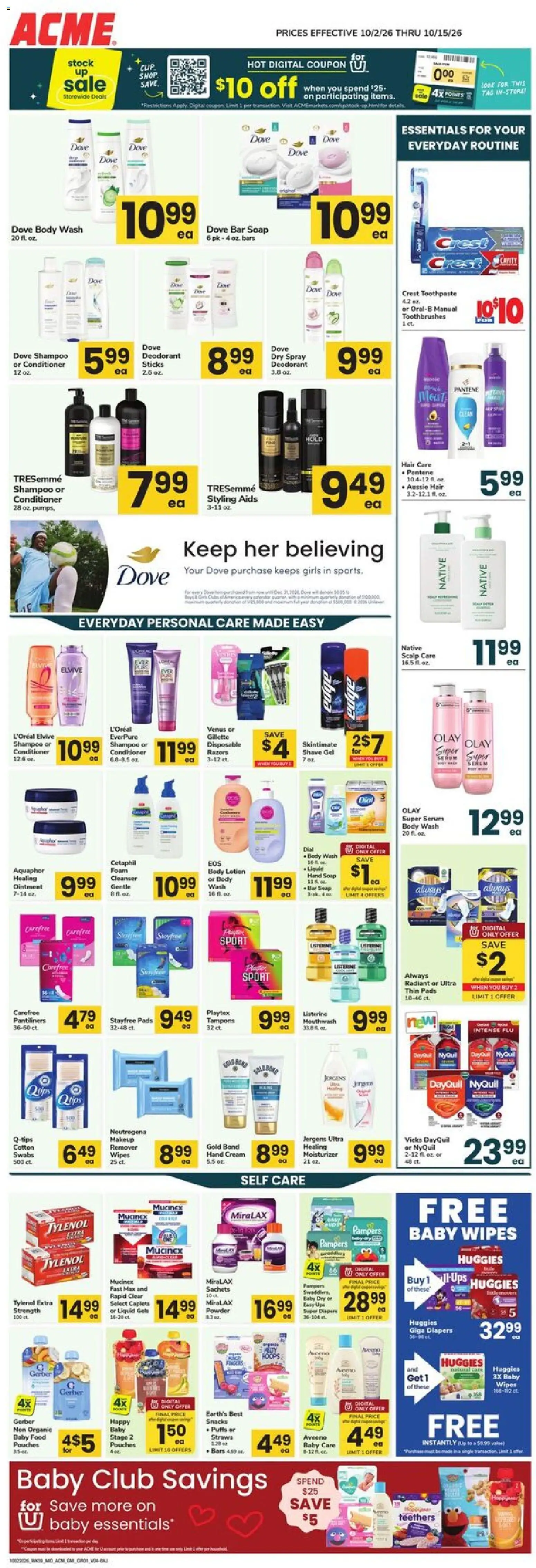 Ad Preview of Acme Acme Ad from 10/02/2026 - Snacks, Pads, Deodorant, Soap, Baby food, Body Wash, Conditioner, Hand cream
