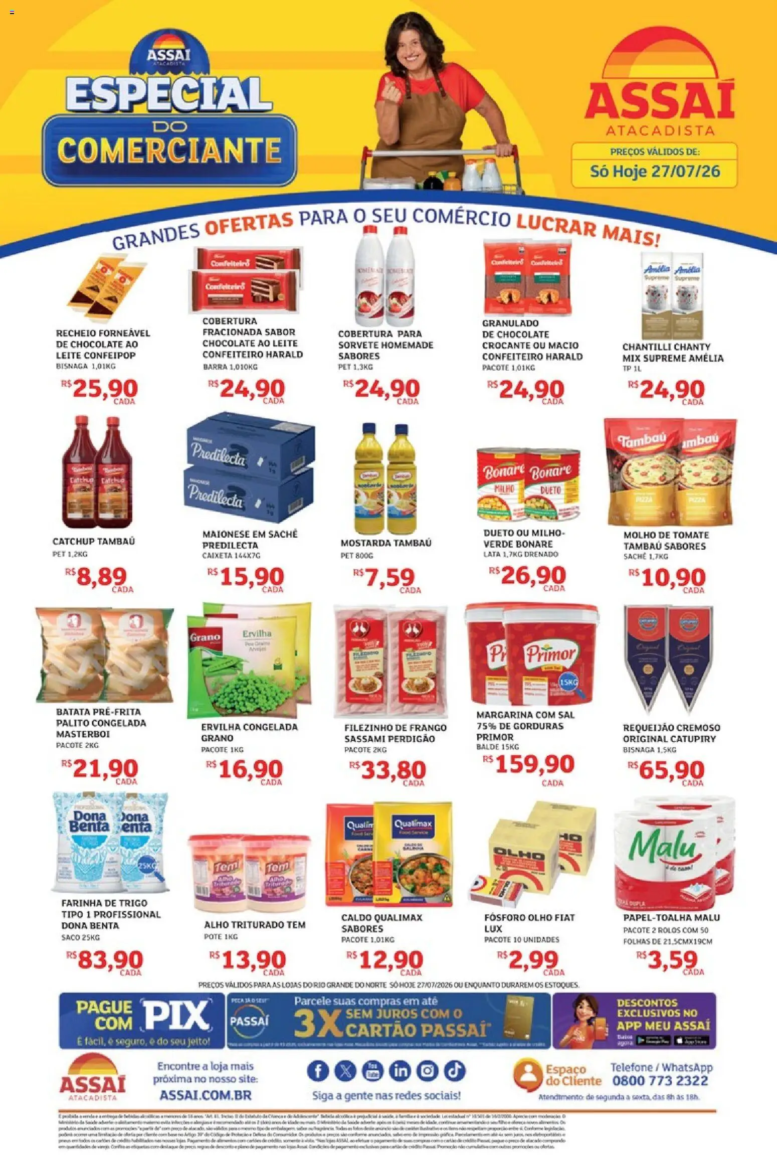 Pré-Visualização do folheto "Assaí Atacadista ofertas - RN" da loja Assaí Atacadista válido a partir de 27/07/2026 - Telefone, Tomate, Requeijão, Molho de tomate, Alho, Mostarda, Farinha, Balde