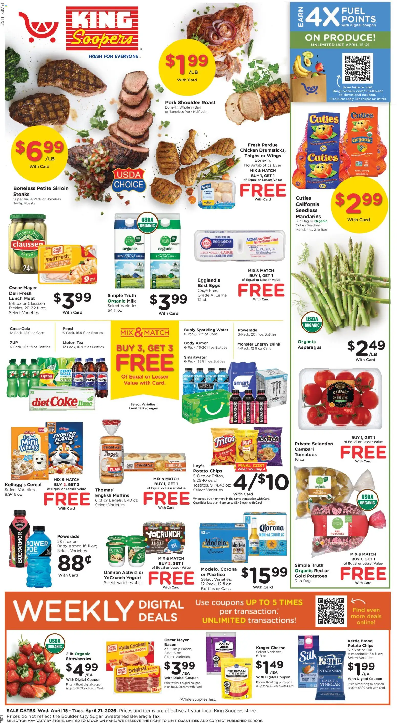 Ad Preview of King Soopers King Soopers Weekly Ad from 04/15/2026 - Strawberries, Cheese, Yogurt, Cereal, Bacon, Chicken thighs, Campari, Chicken