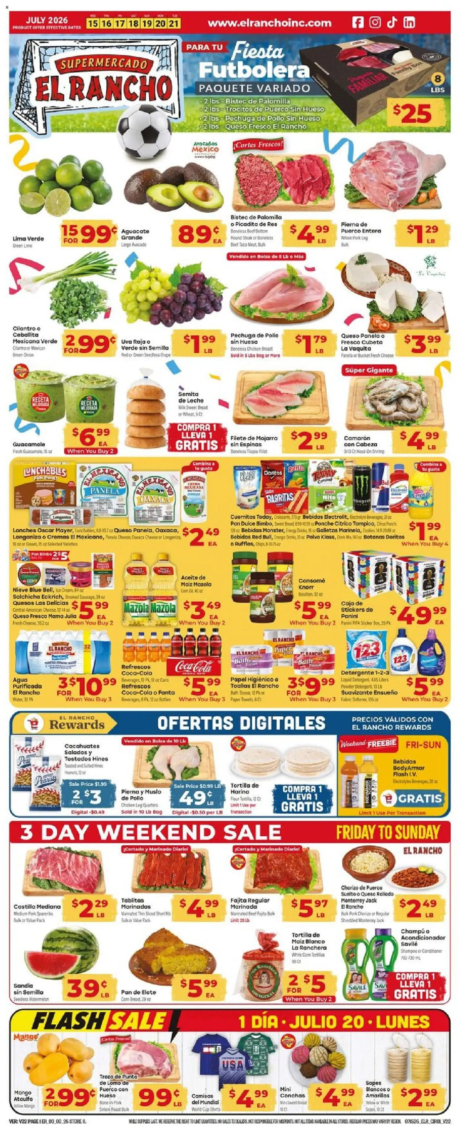 Ad Preview of El Rancho El Rancho Weekly Ad from 07/15/2026 - Steak, Cheese, Avocado, Onion, Tortillas, Shampoo, Fabric softener, Filet