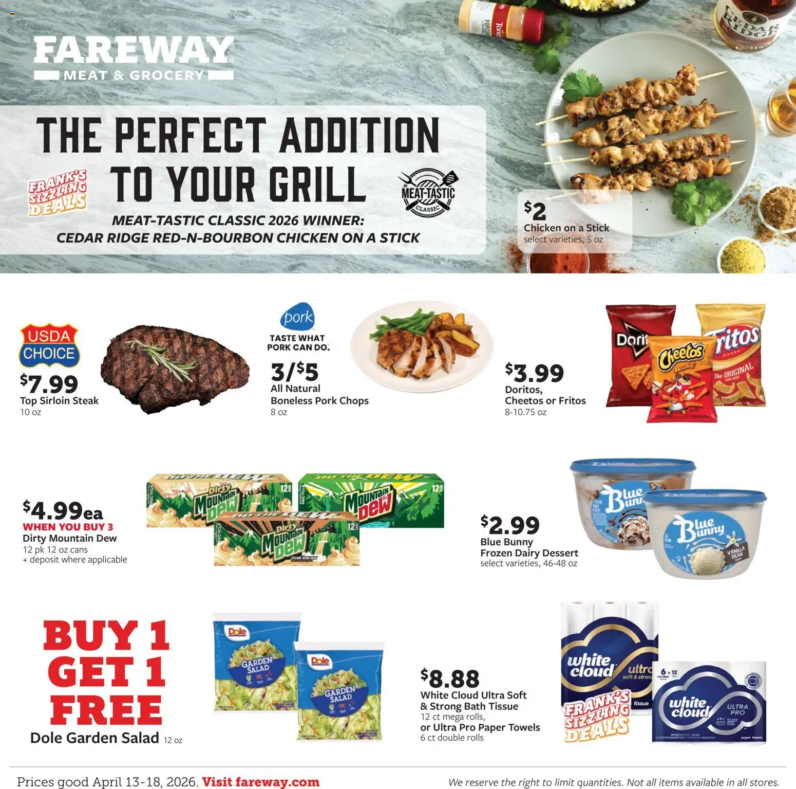 Ad Preview of Fareway Fareway Weekly Ad from 04/13/2026 - Dessert, Steak, Salad, Popcorn, Grill, Meat, Bath, Chicken