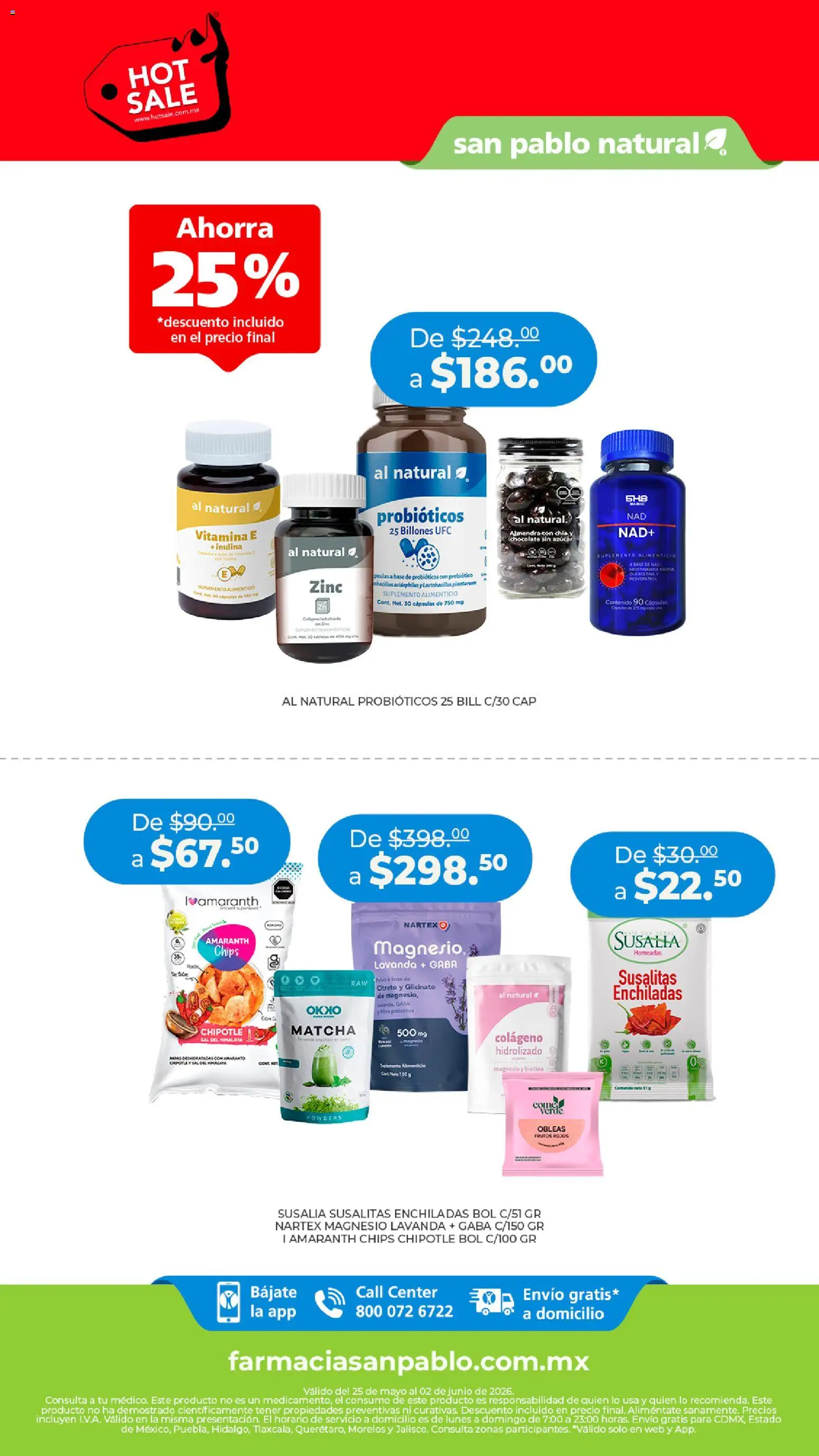 Vista previa las ofertas de la tienda Farmacia San Pablo - Farmacia San Pablo Hot Sale desde el 25/05/2026 - Chocolate, Probióticos, Azúcar, Matcha, Sal, Almendra