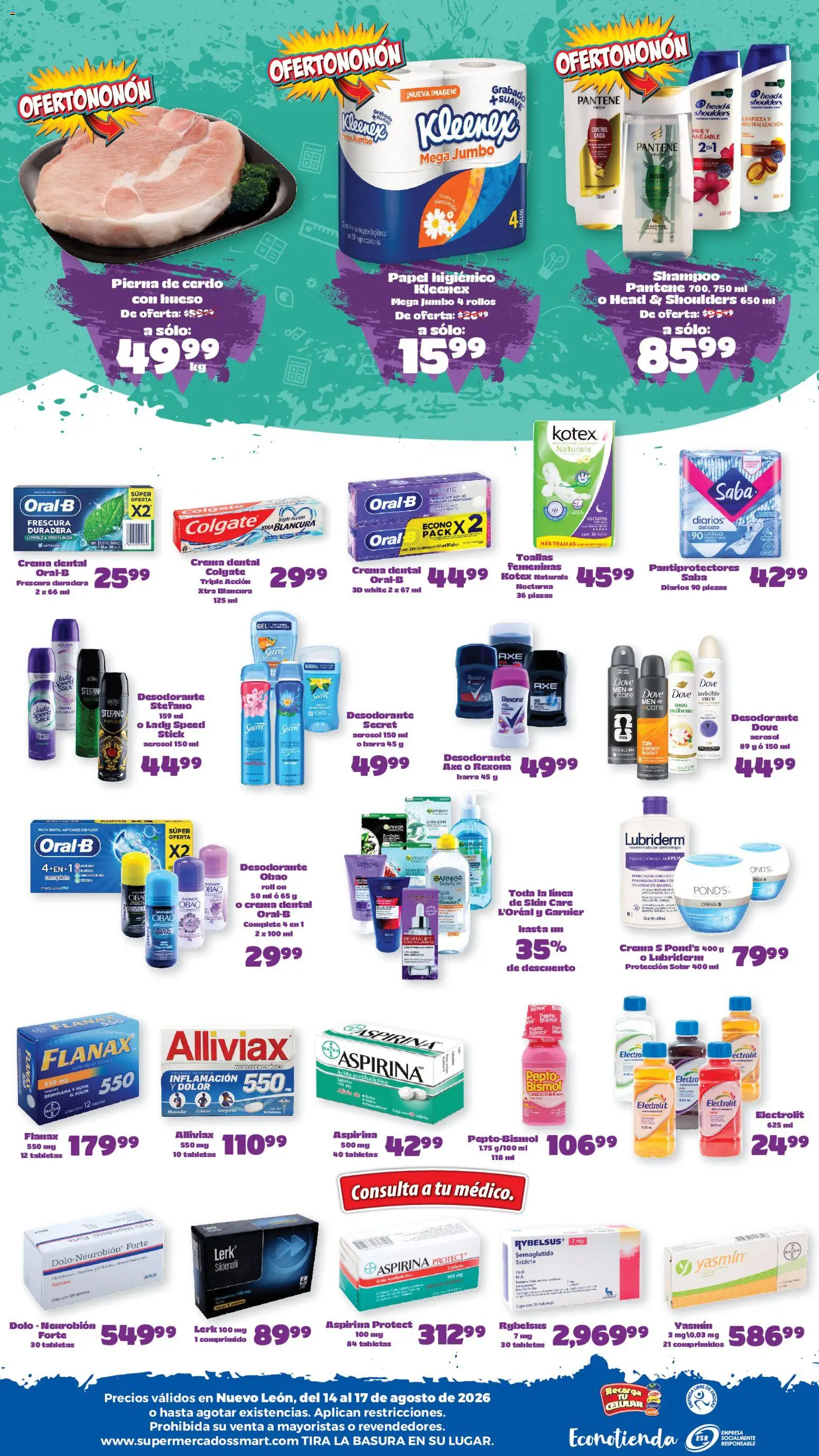 Vista previa las ofertas de la tienda S-Mart - S-Mart folleto Ofertas de feria Monterrey desde el 14/08/2026 - Pasta, Crema, Papel higiénico, Cerdo, Barra, Toallas, Tableta, Pasta dental