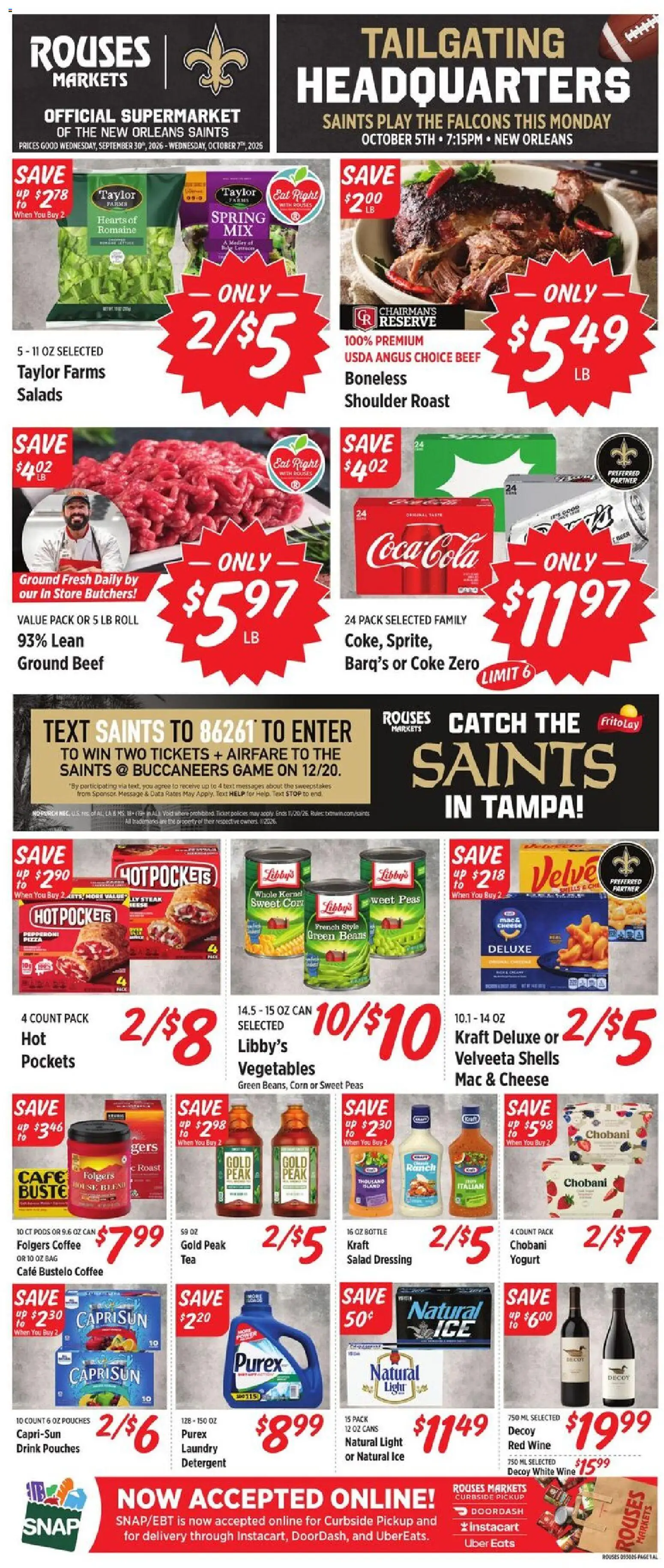 Ad Preview of Rouses Rouses Weekly Ad from 09/30/2026 - Coffee, Game, Salad, Wine, Yogurt, Corn, Beans, Detergent