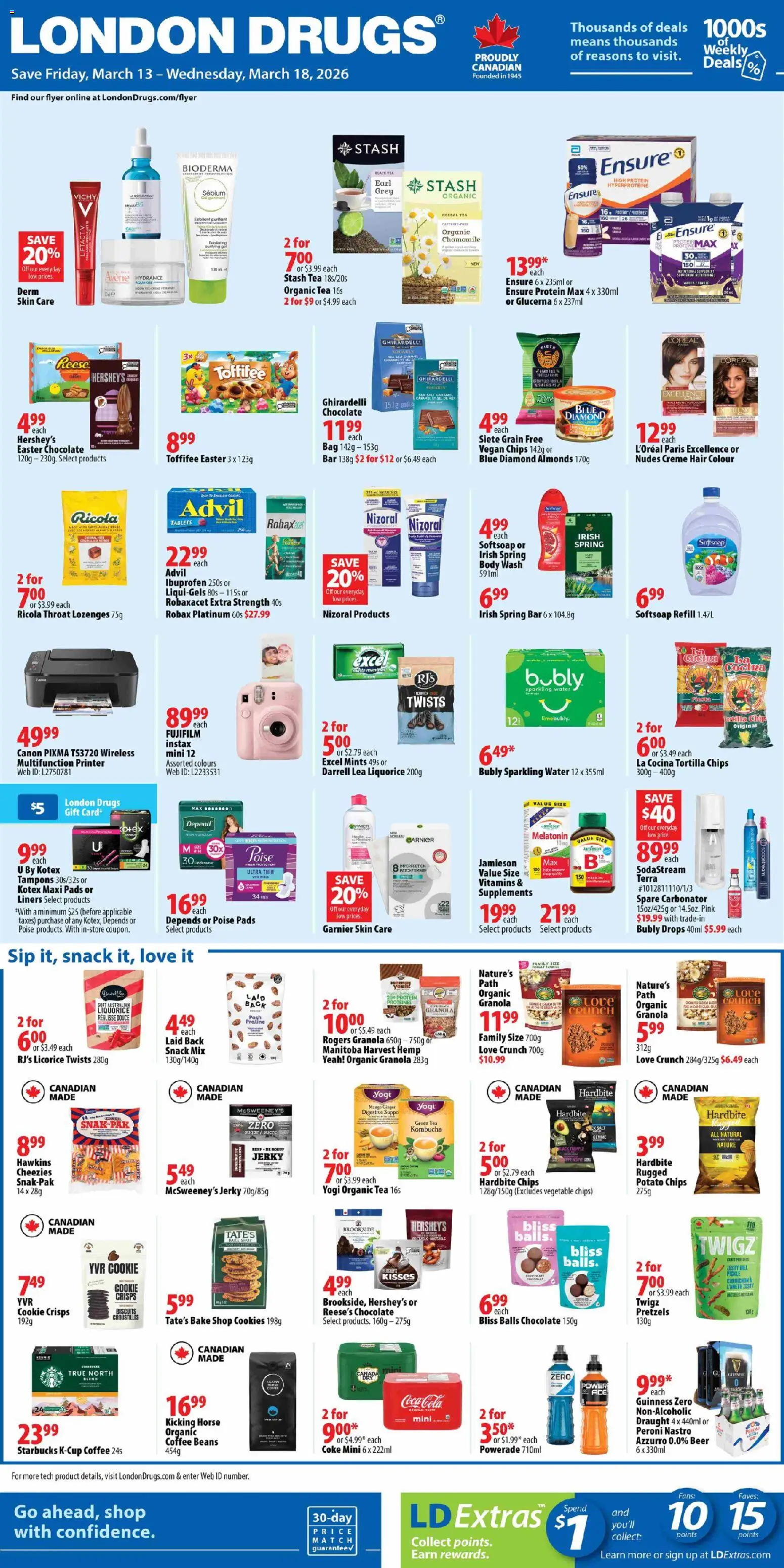 Preview of leaflet London Drugs weekly flyer / circulaire from shop London Drugs is valid from Mar 13, 2026 - Cookies, Beer, Water, Bag, Beans, Sugar, Almonds, Herbal tea