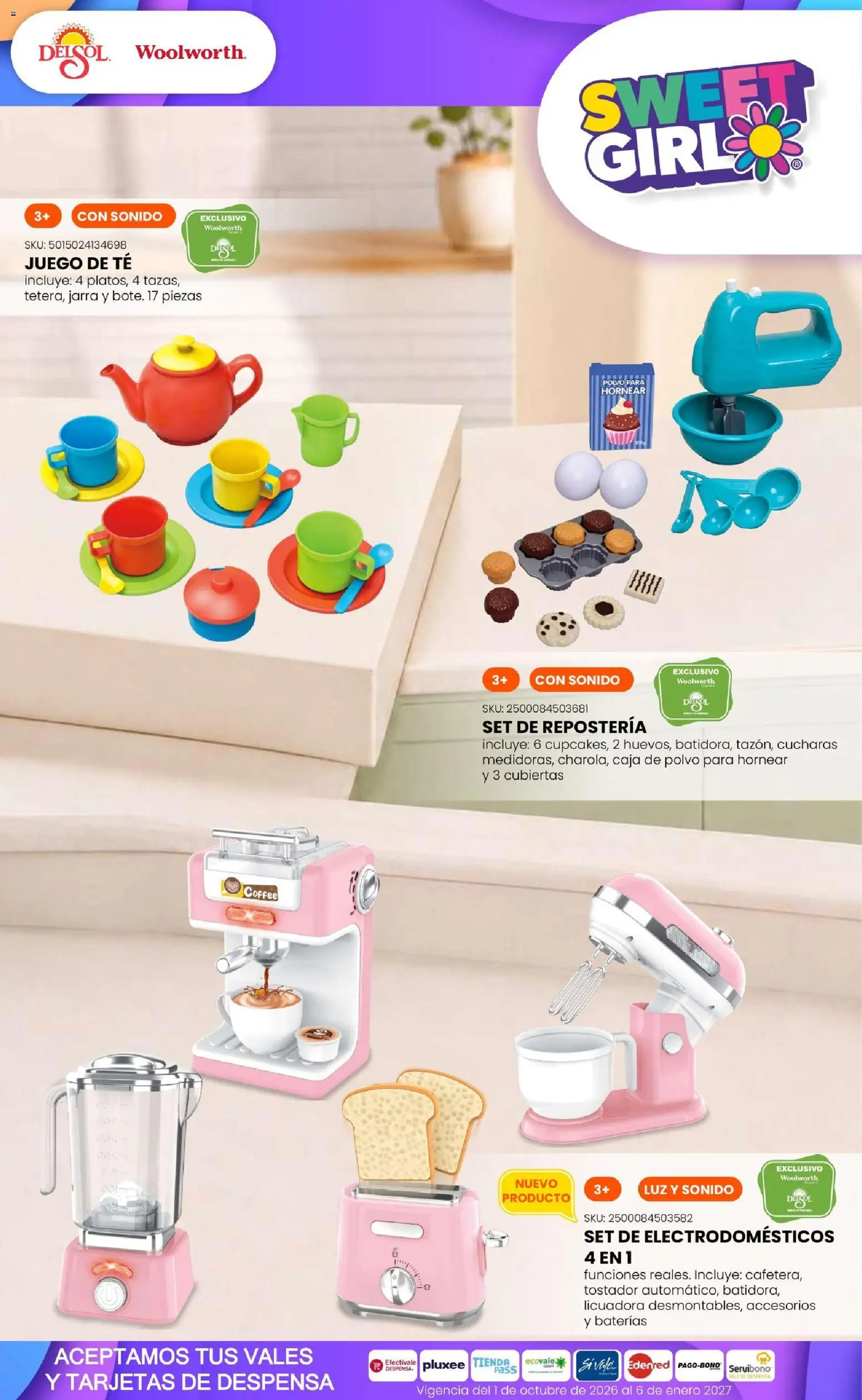 Vista previa las ofertas de la tienda Del Sol y Woolworth - Del Sol y Woolworth catálogo El Castillo del Juguete desde el 01/10/2026 - Juego, Licuadora, Caja, Polvo para hornear, Despensa, Tostador, Polvo, Jarra