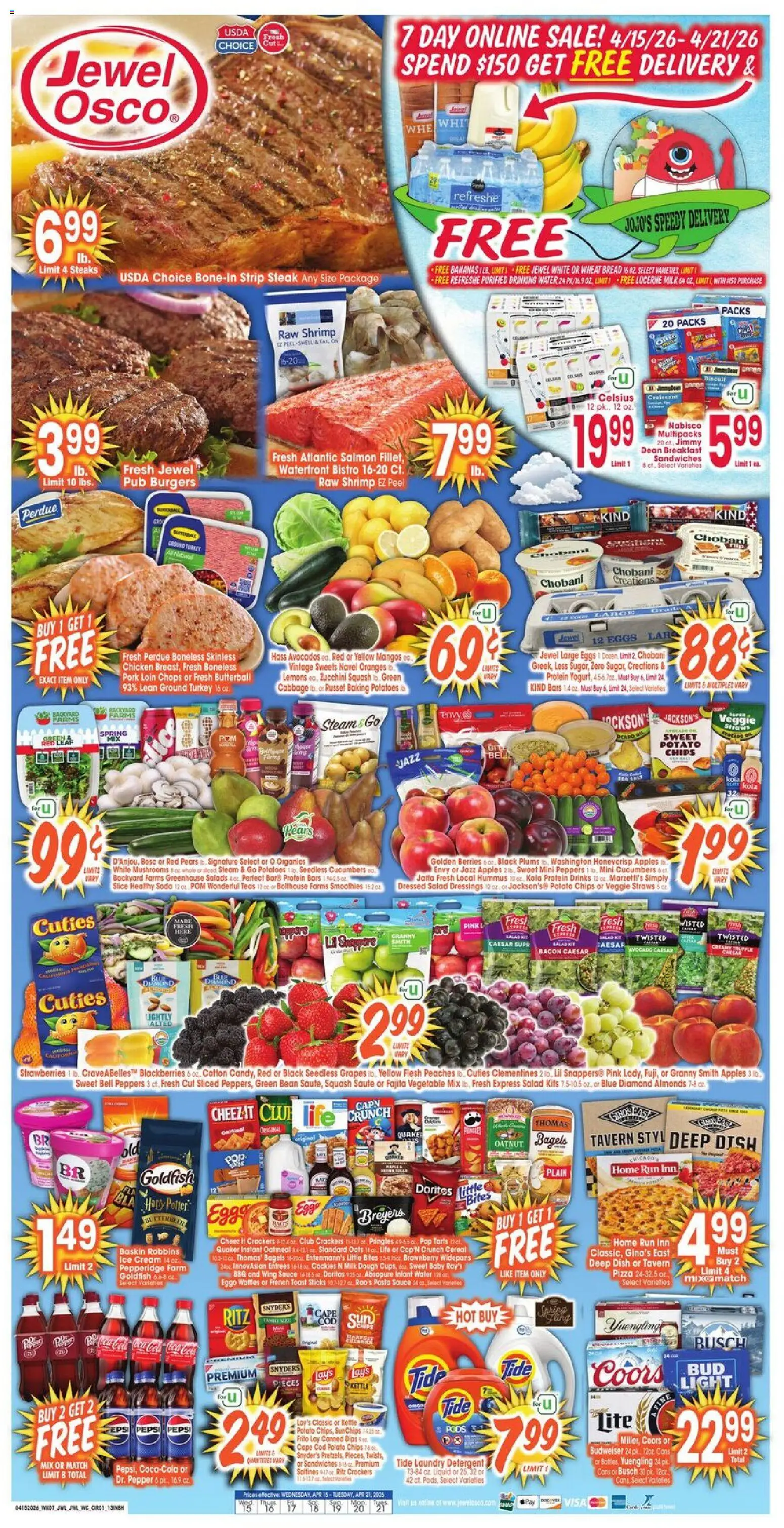 Ad Preview of Jewel Osco Jewel Osco Weekly Ad - IN from 04/15/2026 - Water, Steak, Shrimp, Milk, Lemons, Hummus, Berries, Kettle