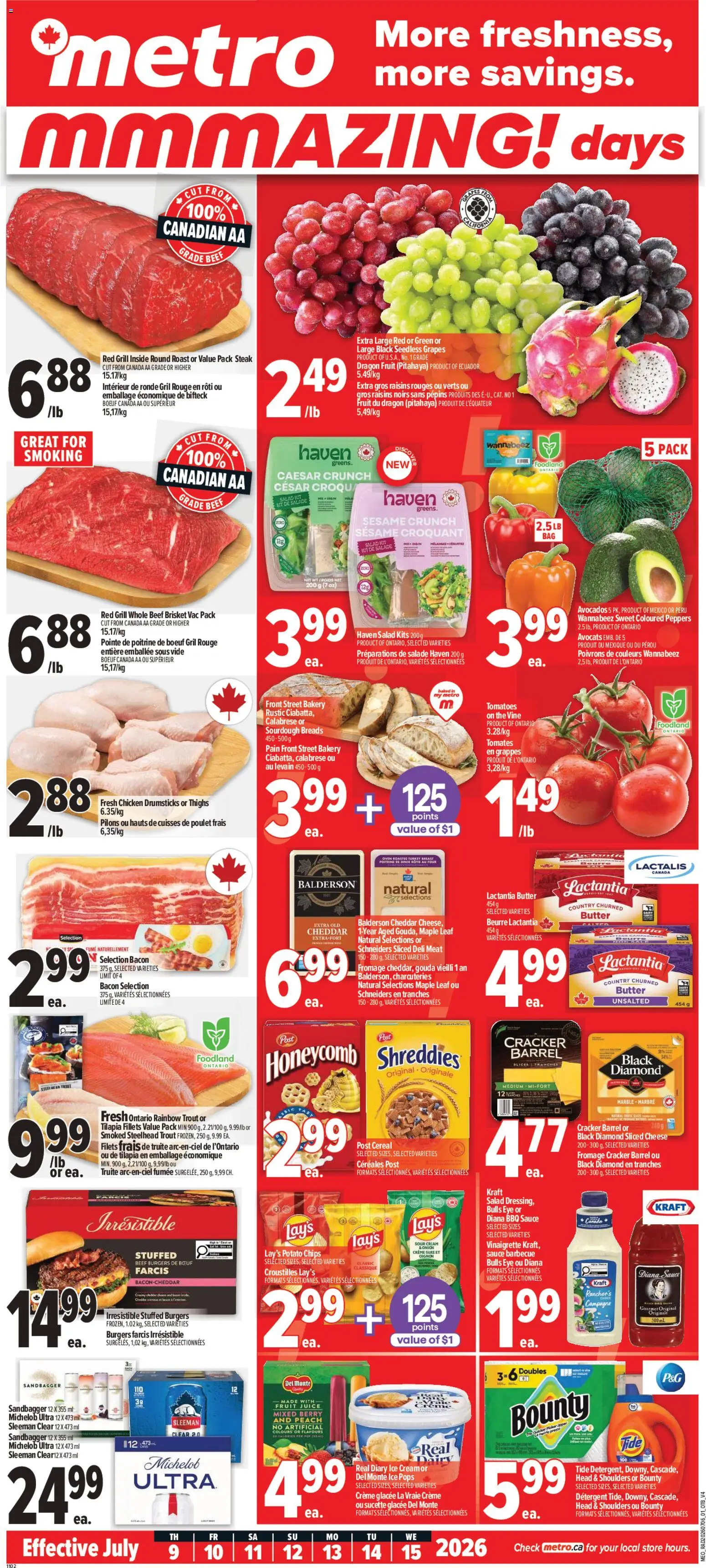 Preview of leaflet Metro weekly flyer - Trois-Pistoles from shop Metro is valid from Jul 09, 2026 - Ice cream, Chicken, Salad, Chips, Bacon, Grapes, Drumsticks, Head & Shoulders