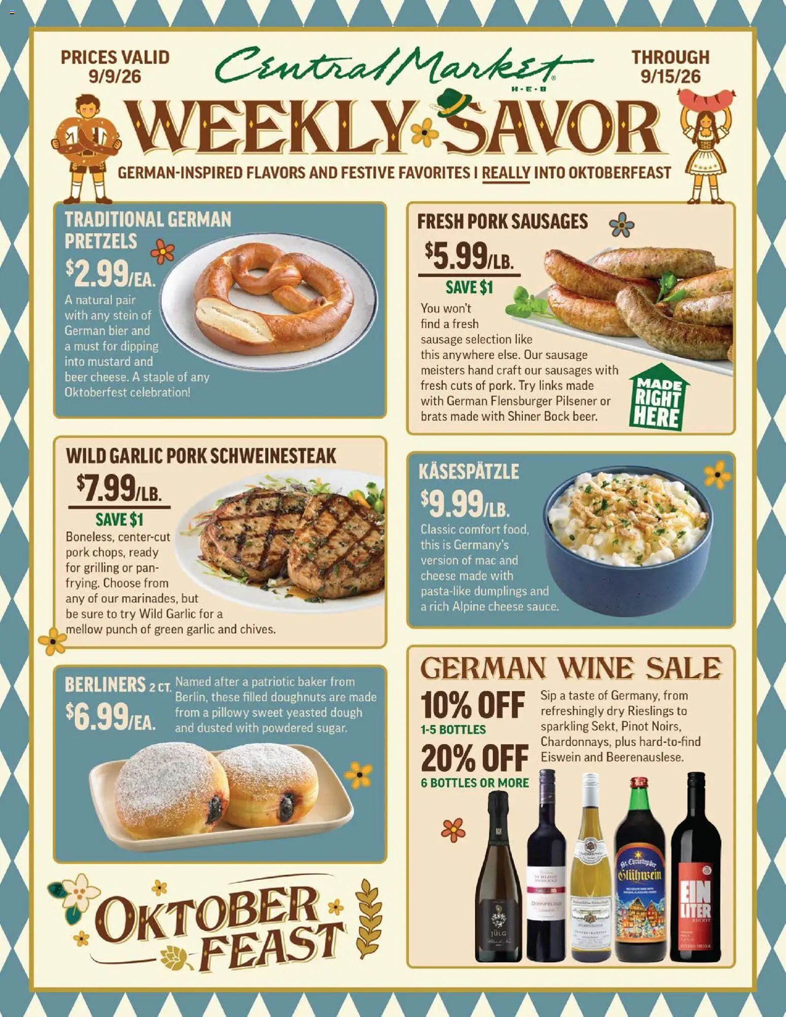 Ad Preview of Central Market Central Market Weekly Ad from 09/09/2026 - Beer, Dumplings, Cheese, Sausages, Sausage, Pork, Mustard, Garlic