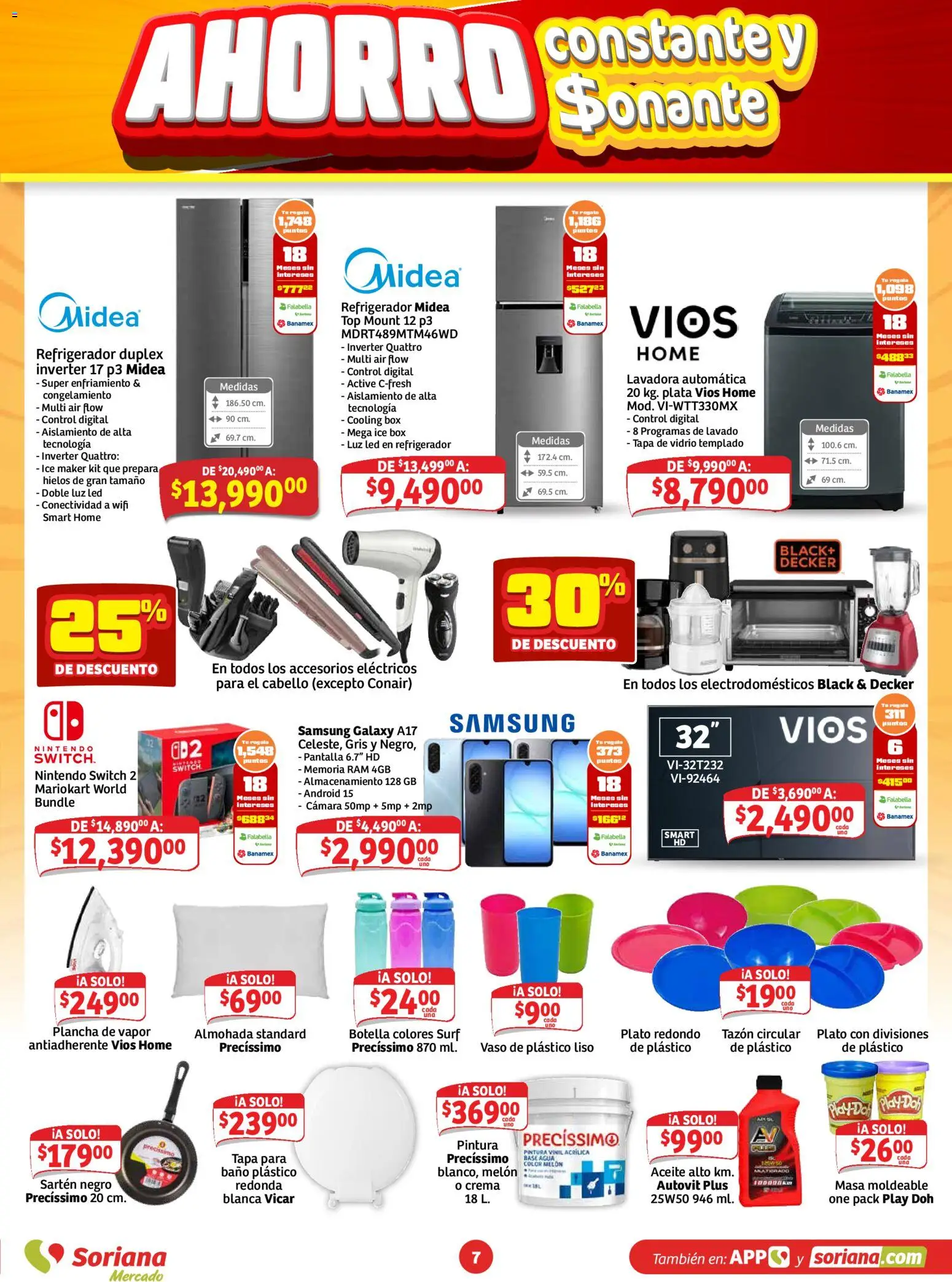 Vista previa las ofertas de la tienda Soriana - Soriana Ahorro constante y sonante Soriana Mercado Nacional desde el 28/08/2026 - Nintendo Switch, Té, Almohada, Crema, Top, Plancha, Sartén, Lavadora automática