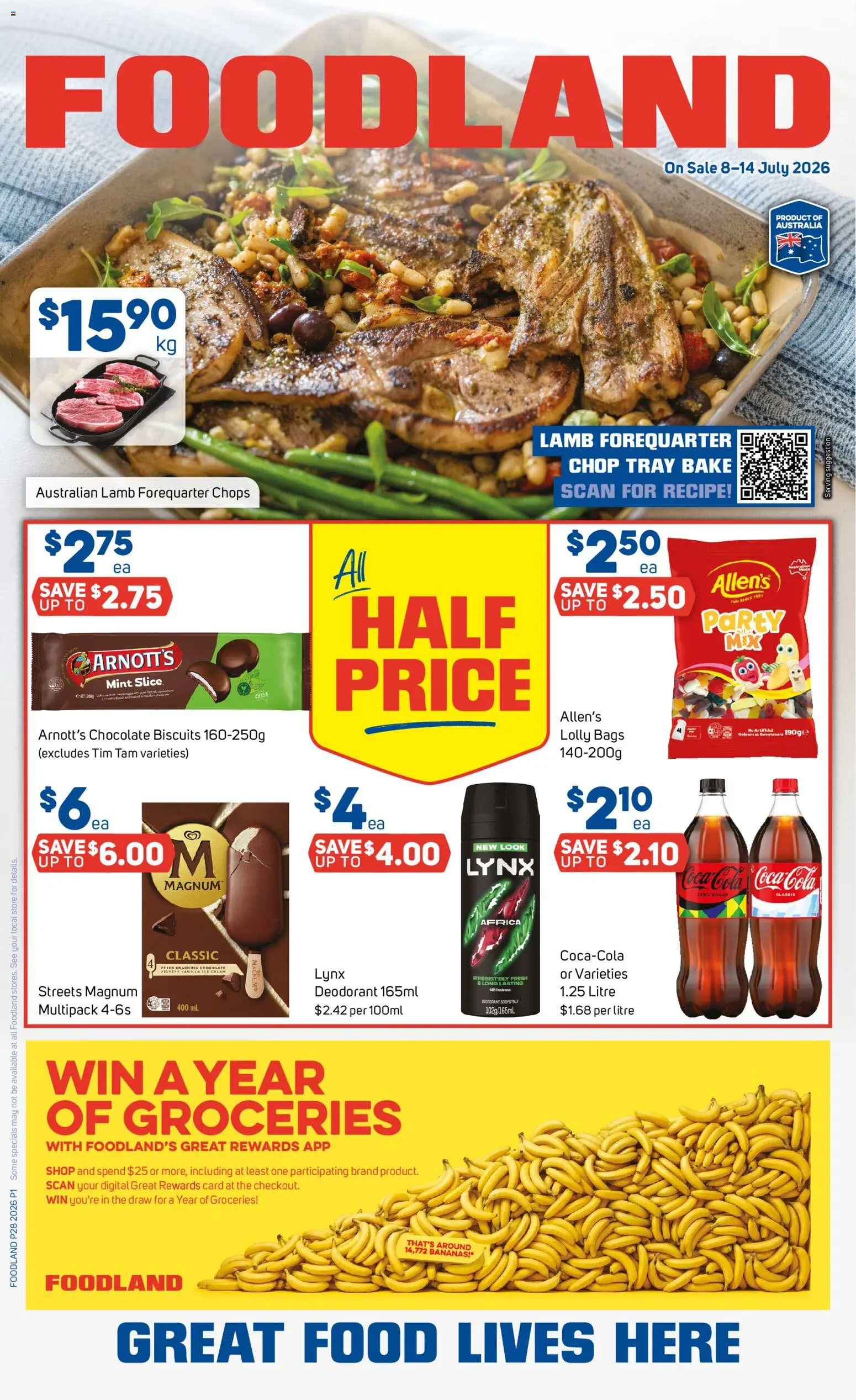 Preview of catalogue Foodland catalogue from shop Foodland valid 08/07/2026 - Food, Lamb, Bananas, Deodorant, Biscuits, Sugar, Digital, Magnum