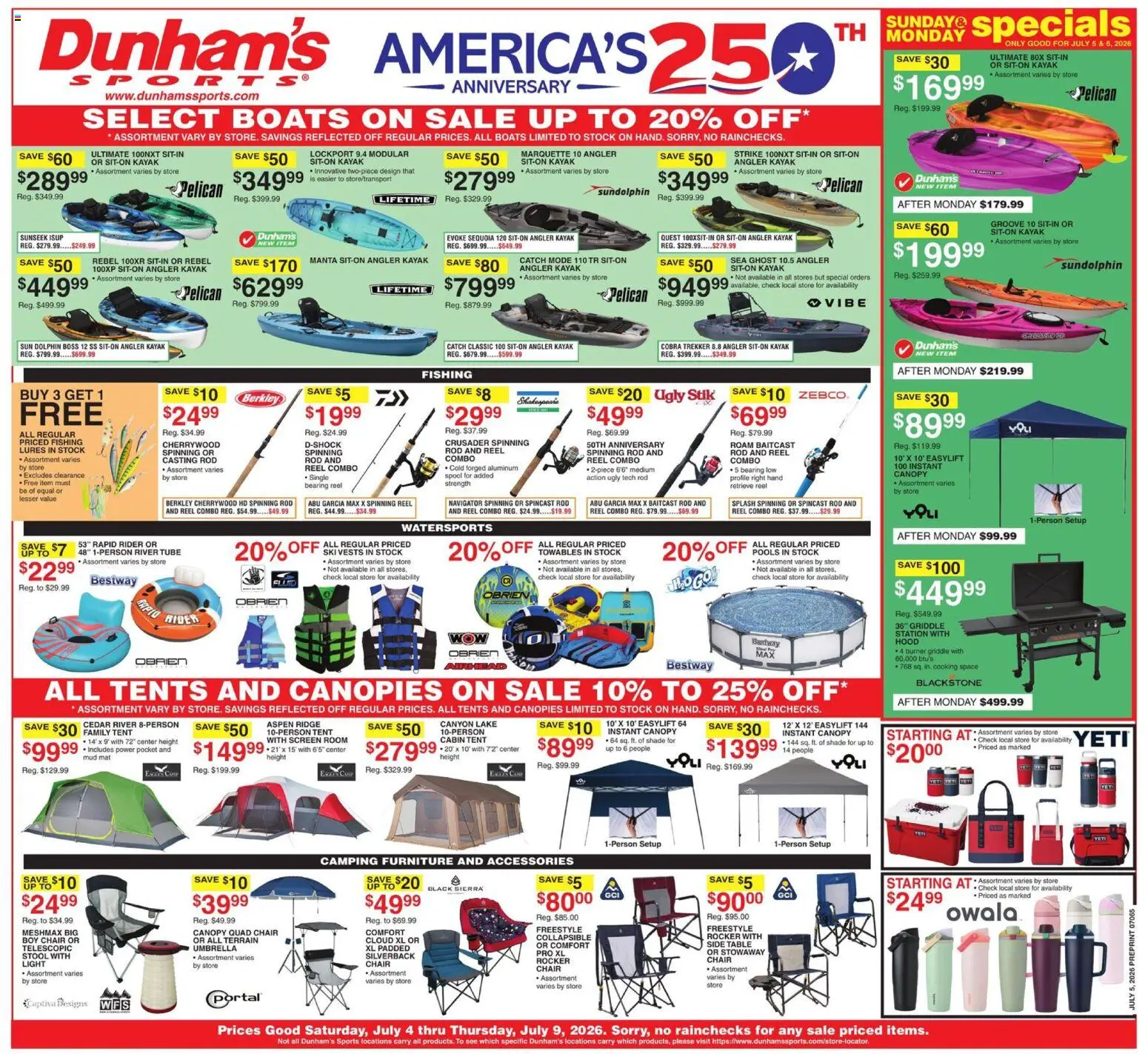 Ad Preview of Dunham's Sports Dunham's Sports Weekly Ad from 07/04/2026 - Kayak, Chair, Tent, Umbrella, Griddle, Ridge, Rod, Table