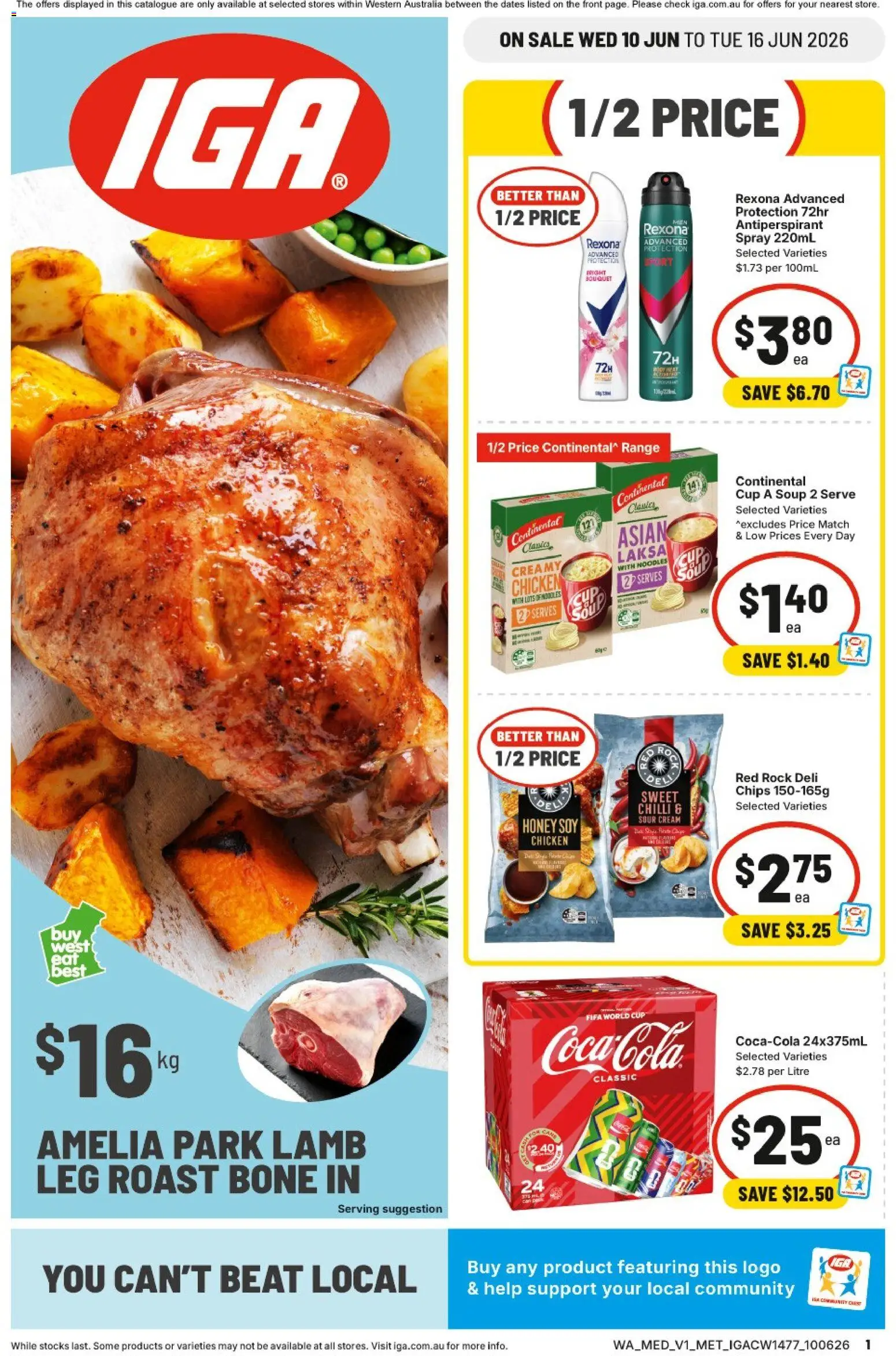Preview of catalogue IGA catalogue WA medium metro from shop IGA valid 10/06/2026 - Honey, Chicken, Lamb, Noodles, Antiperspirant, Chips, Soup, Roast