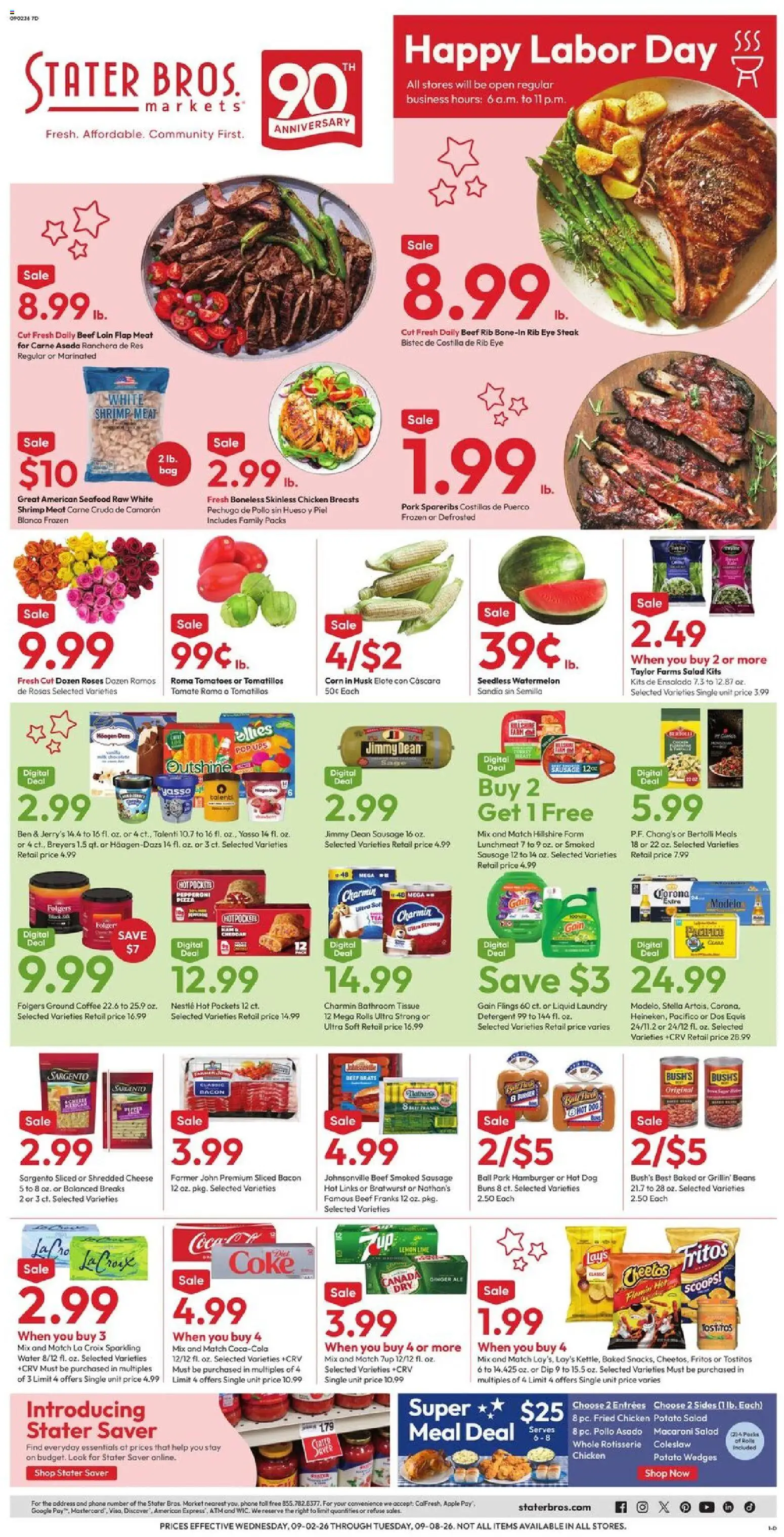 Ad Preview of Stater Bros Stater Bros Weekly Ad from 09/02/2026 - UPS, Steak, Phone, Hat, Cheese, Watermelon, Potato salad, Lime