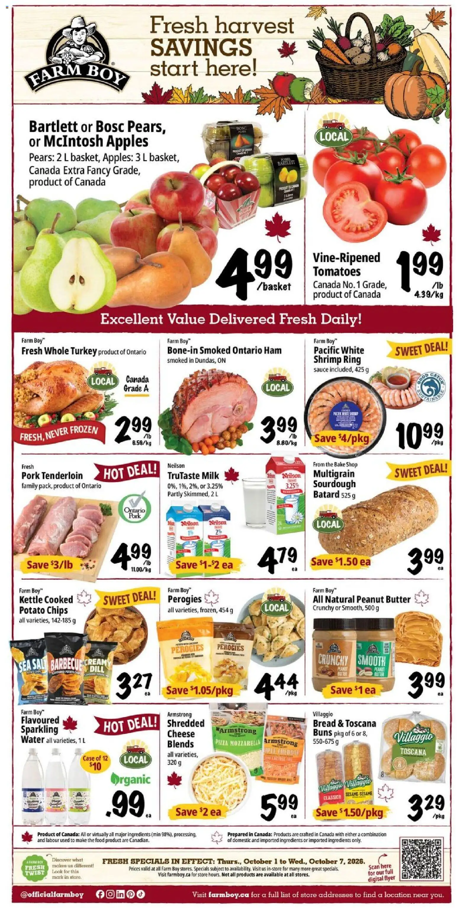 Preview of leaflet Farm Boy weekly flyer / circulaire from shop Farm Boy is valid from Oct 01, 2026 - Pizza, Apples, Water, Butter, Ham, Mozzarella, Ingredients, Pears