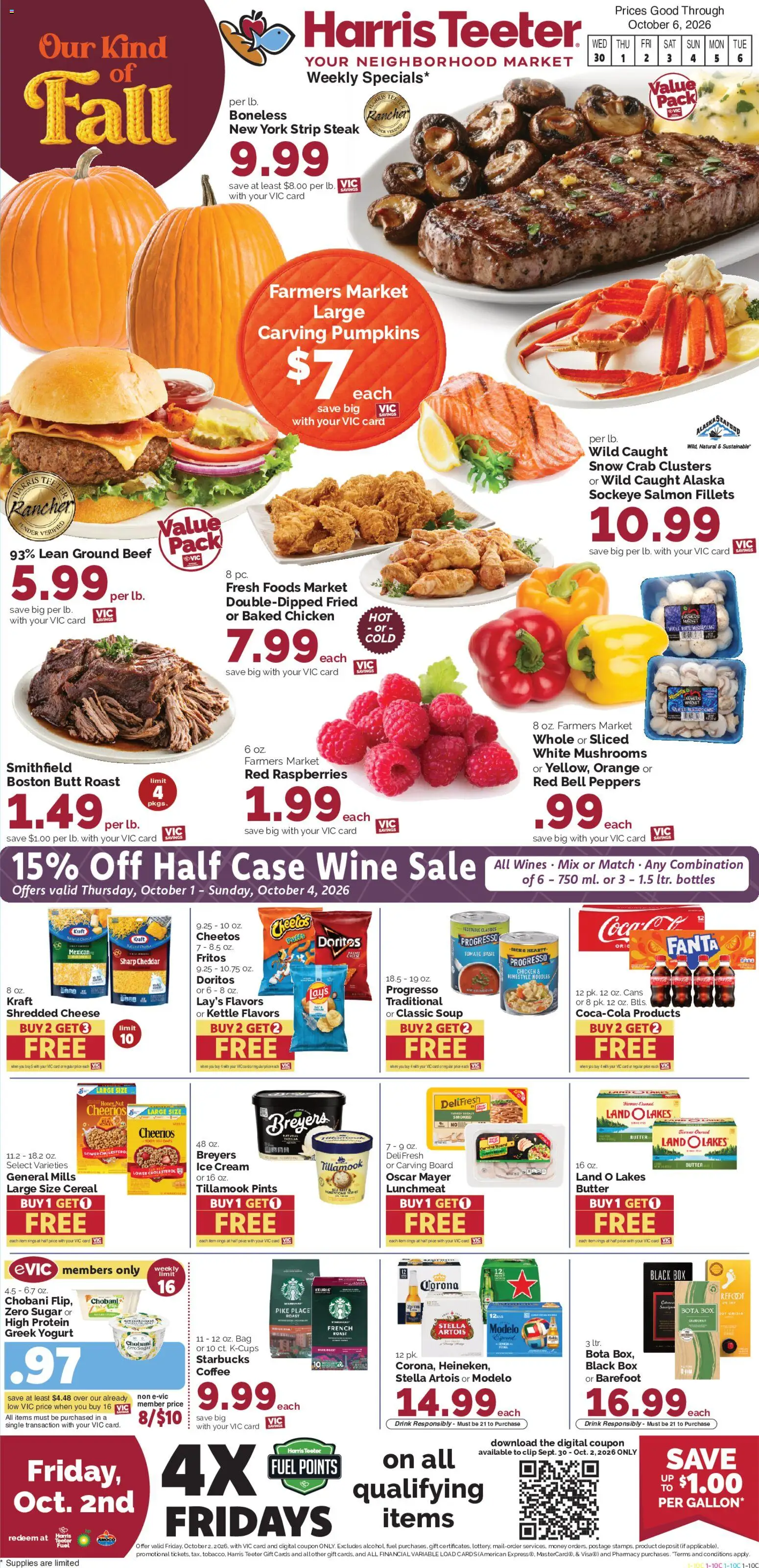 Ad Preview of Harris Teeter Harris Teeter Weekly Ad from 09/30/2026 - Steak, Box, Salmon, Cereal, Peppers, Sugar, Greek yogurt, Fanta