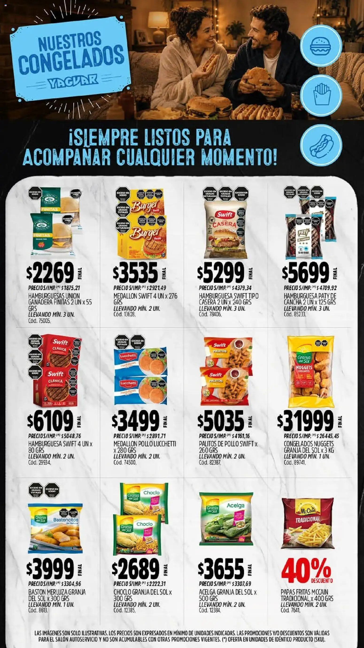 Vista previa del folleto de la tienda Yaguar válido desde el 28/09/2026 - Hamburguesa, Papas, Pollo, Papas fritas, Acelga, Choclo