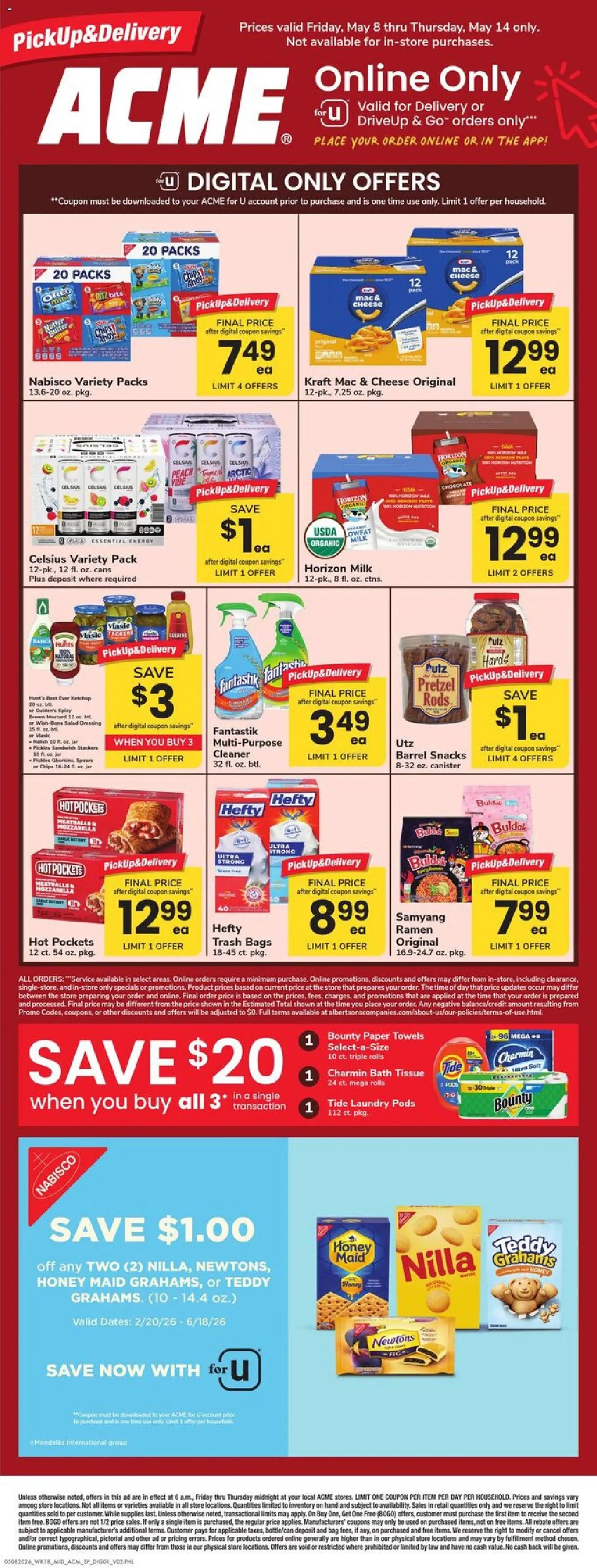 Ad Preview of Acme Acme Specialty Publication from 05/08/2026 - Chocolate, Snacks, Chips, Cheese, Pickles, Bag, Bath, Ketchup