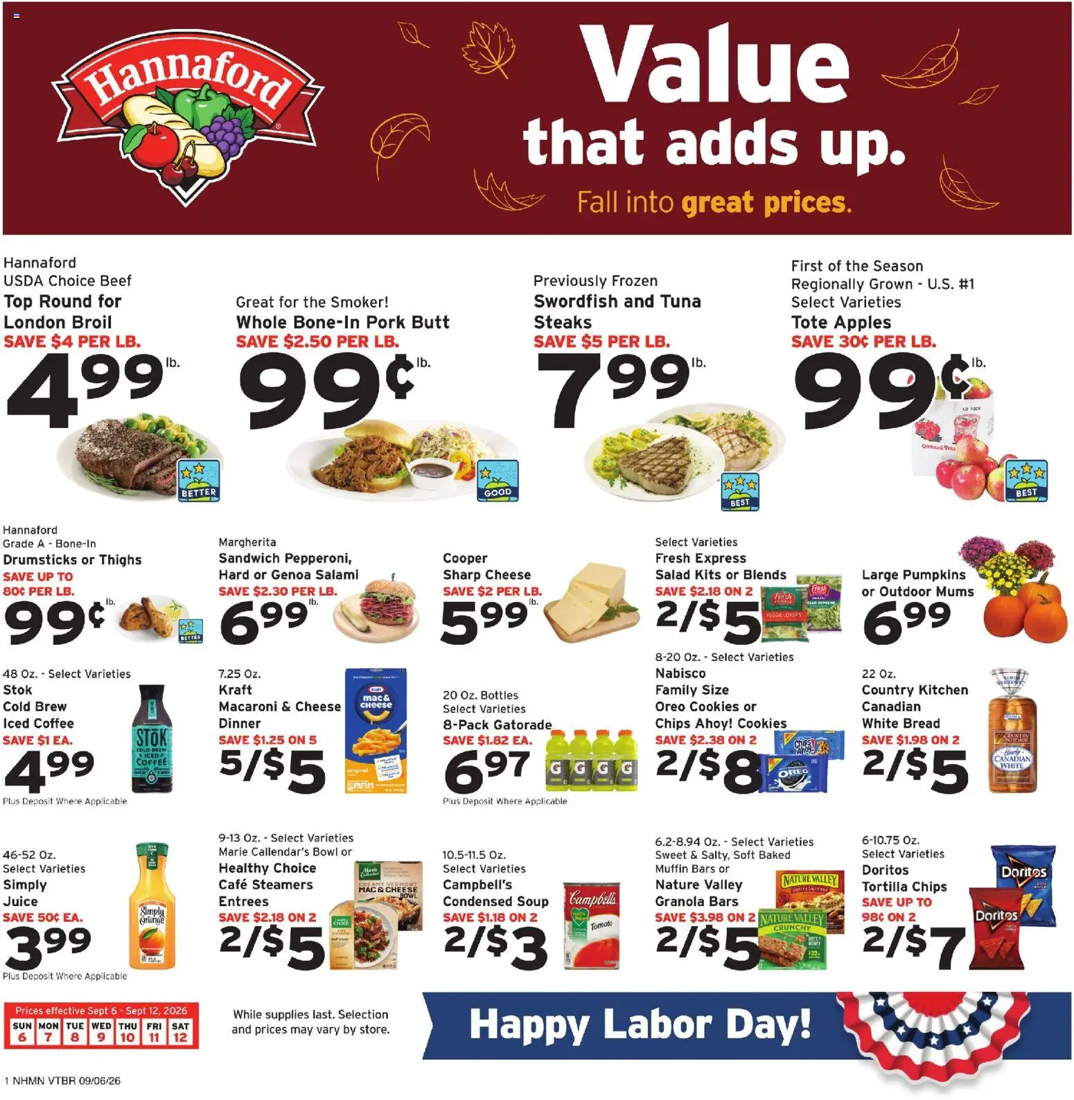 Ad Preview of Hannaford Hannaford Weekly Ad from 09/06/2026 - Cookies, Salad, Juice, Tomato, Oreo, Tuna, Beef, Muffin