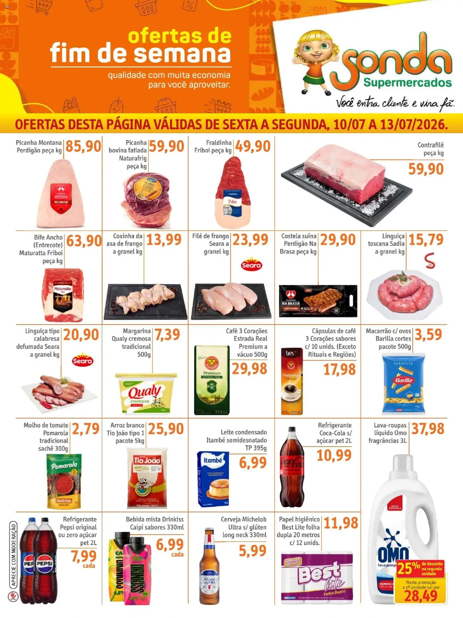 Pré-Visualização do folheto "Sonda ofertas FDS" da loja Sonda válido a partir de 10/07/2026 - Macarrão, Leite condensado, Bebida, Frango, Tomate, Fraldinha, Asa de frango, Montana picanha