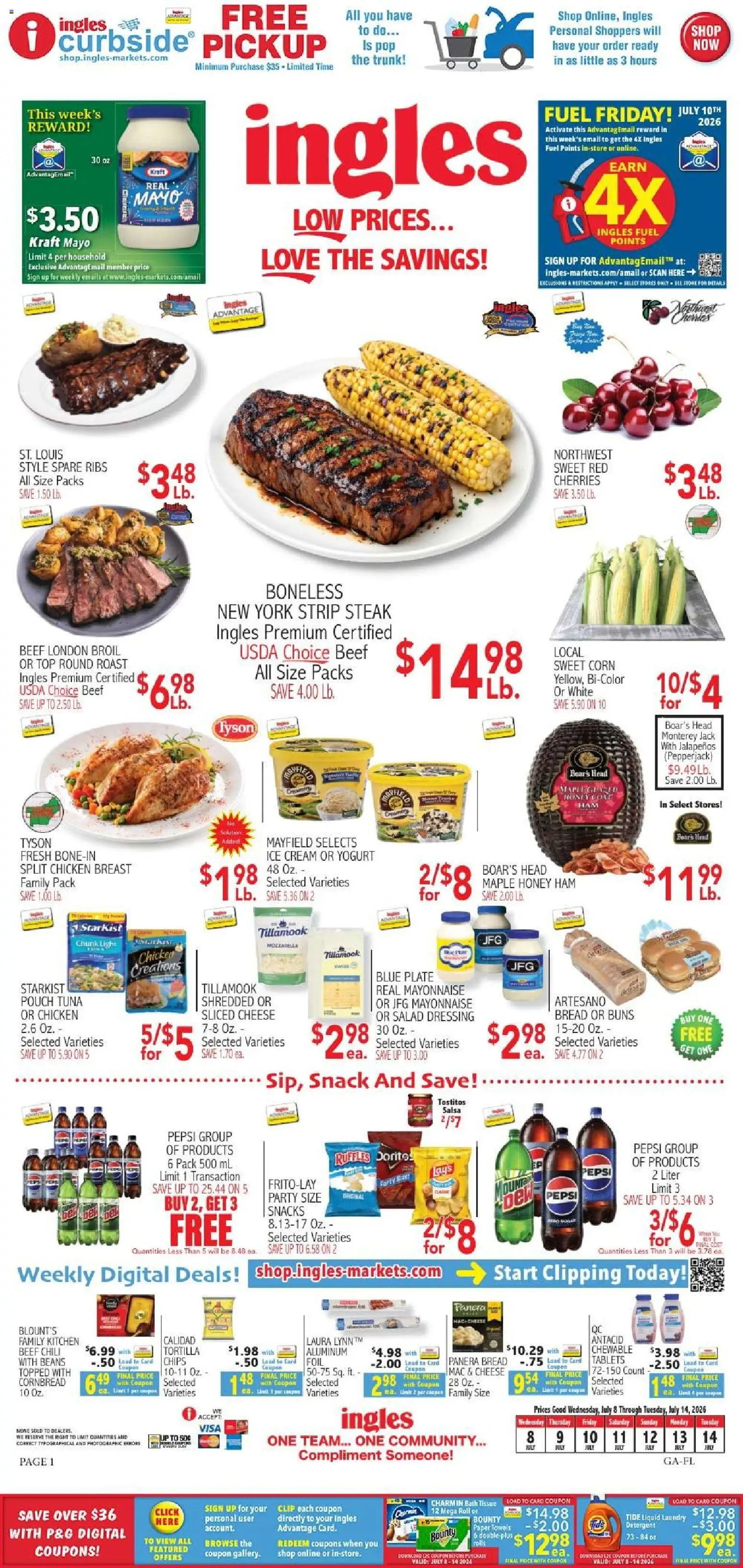 Ad Preview of Ingles Ingles Weekly Ad from 07/08/2026 - Ice cream, Chili, Steak, Chips, Cherries, Corn, Paper towels, Sliced cheese