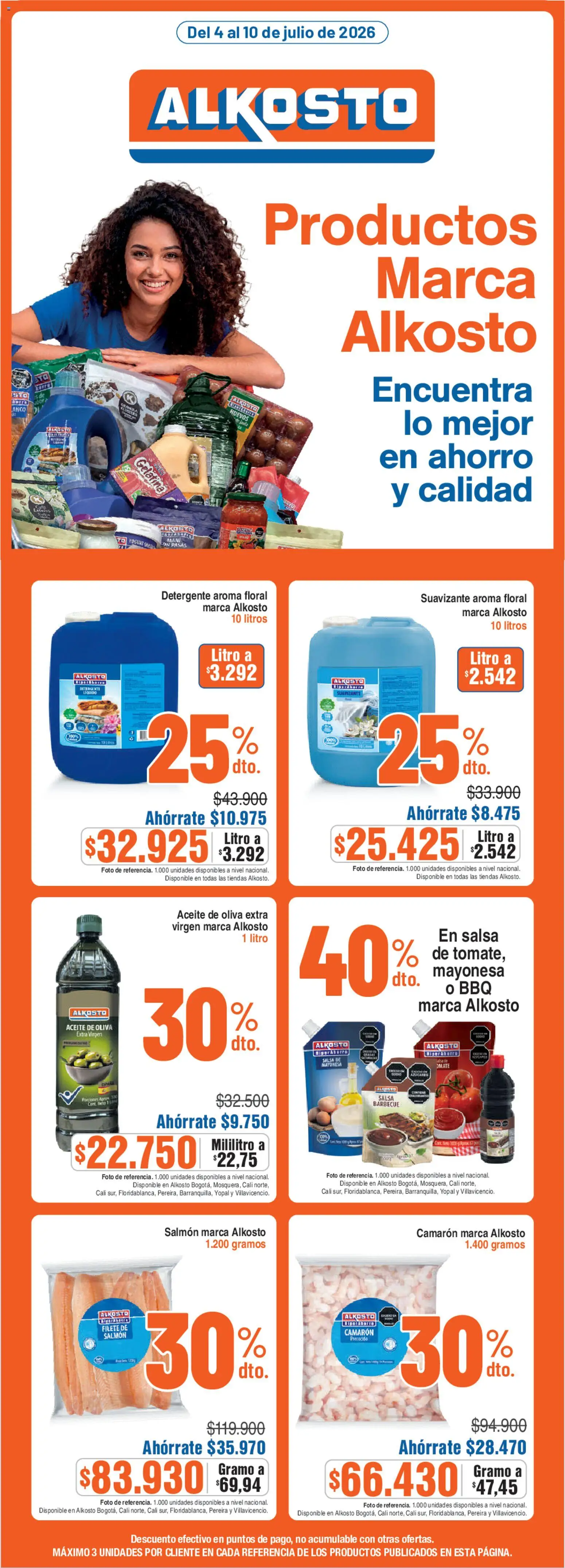  Vista previa del prospecto Alkosto catálogo del almacen Alkosto válida del 04/07/2026 al 10/07/2026 - Aceite de oliva, Aceite, Huevos, Mayonesa, Oliva, Detergente, Pasas, Filete de salmón