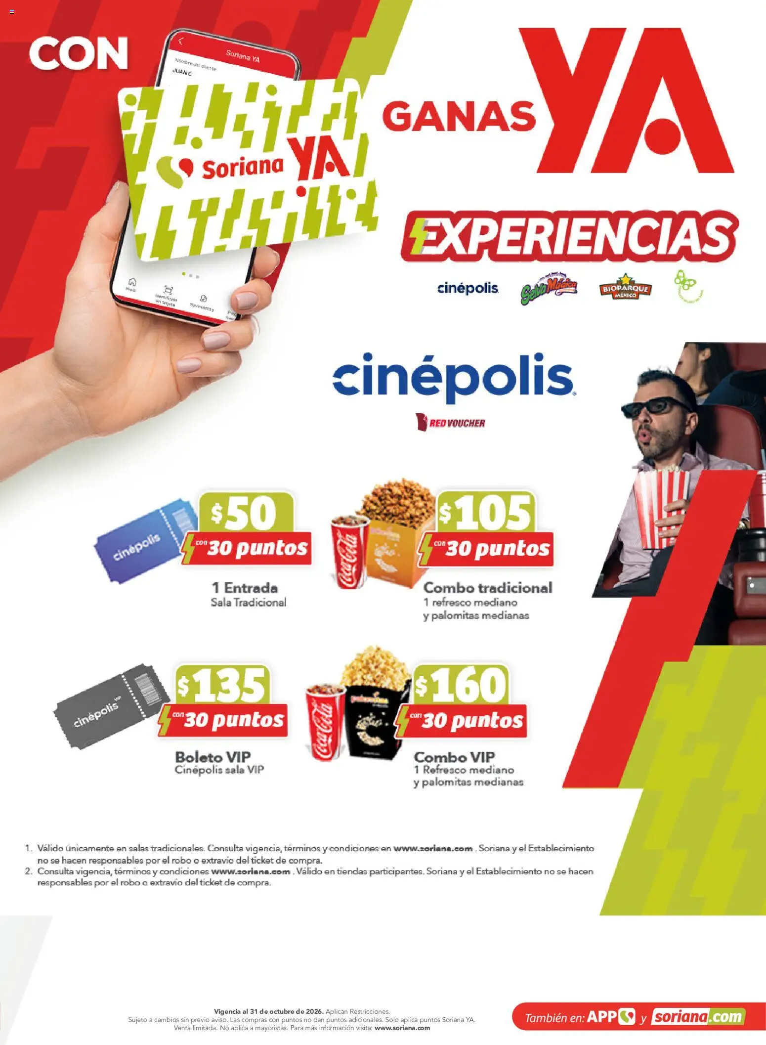 Vista previa las ofertas de la tienda Soriana - Soriana Mercado - Gratis con puntos Soriana YA desde el 11/09/2026 - Palomitas, Sala, Refresco, Sobre