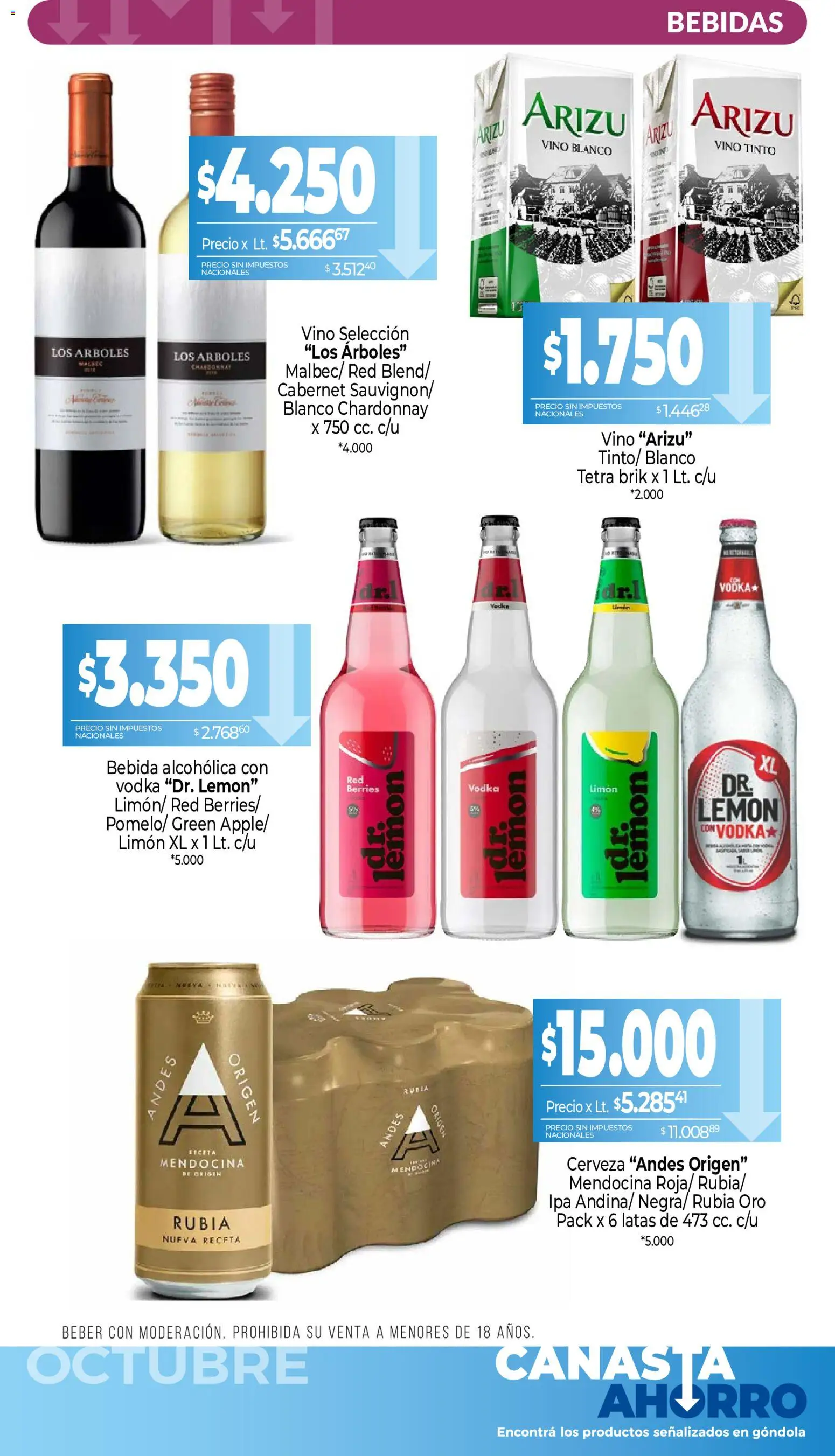 Vista previa del folleto de la tienda La Anonima válido desde el 01/10/2026 - Cerveza, Vodka, Bebidas, Vino, Limón, Vino tinto, Vino blanco, Canasta