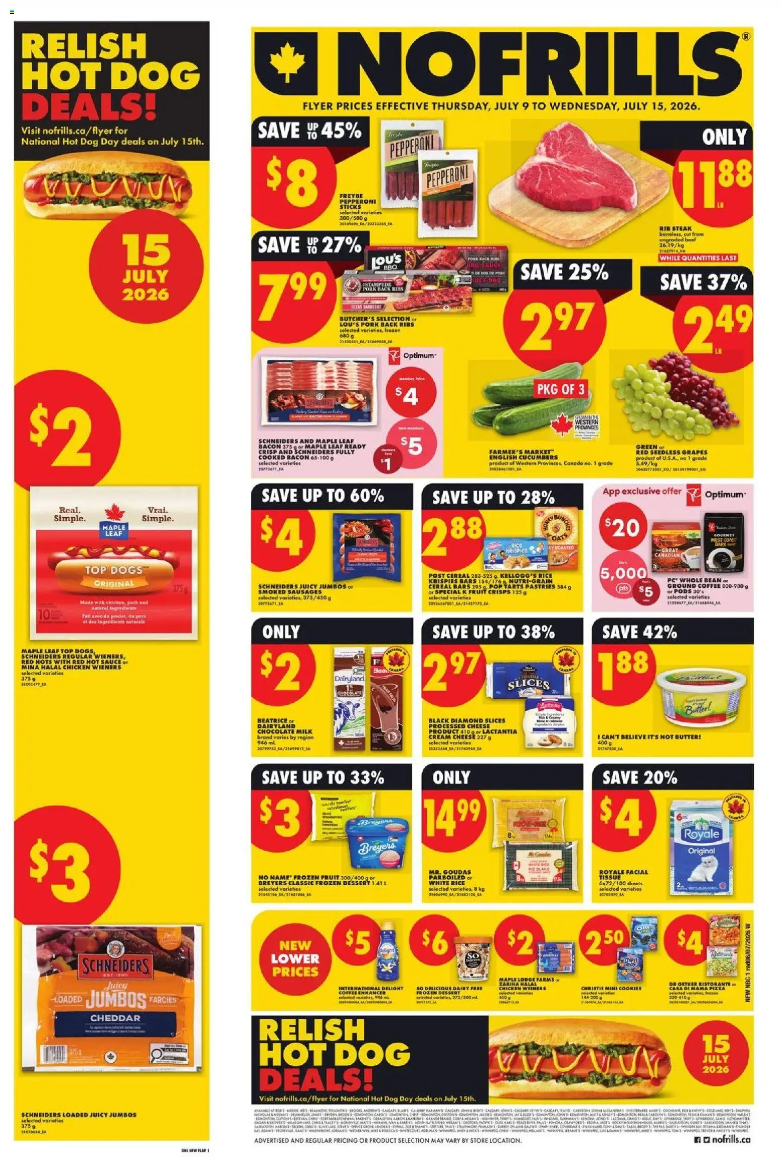 Preview of leaflet No Frills weekly flyer - AB from shop No Frills is valid from Jul 09, 2026 - Coffee, Cookies, Steak, Sausages, Pork, Cream, Oats, Processed cheese