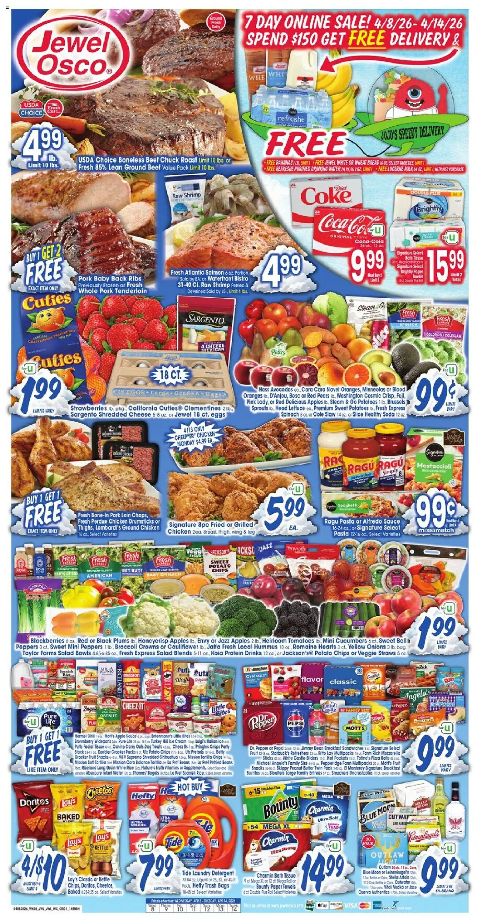 Ad Preview of Jewel Osco Jewel Osco Weekly Ad from 04/08/2026 - Ice cream, Salmon, Crowns, Butter, Rice, Mozzarella, Drumsticks, Detergent