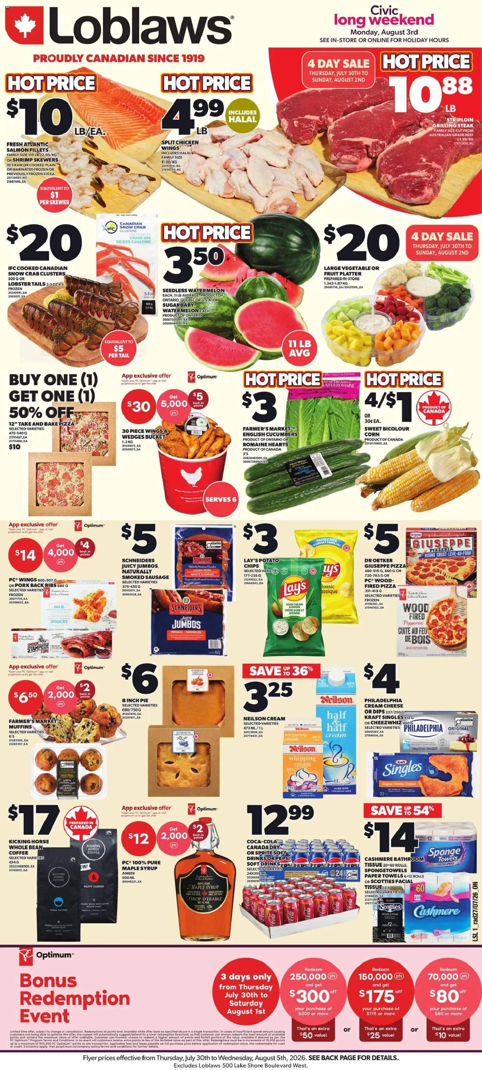 Preview of leaflet Loblaws weekly flyer / circulaire from shop Loblaws is valid from Jul 30, 2026 - Fruit, Salmon, Milk, Pepsi, Watermelon, Sprite, Sponge, Cheddar