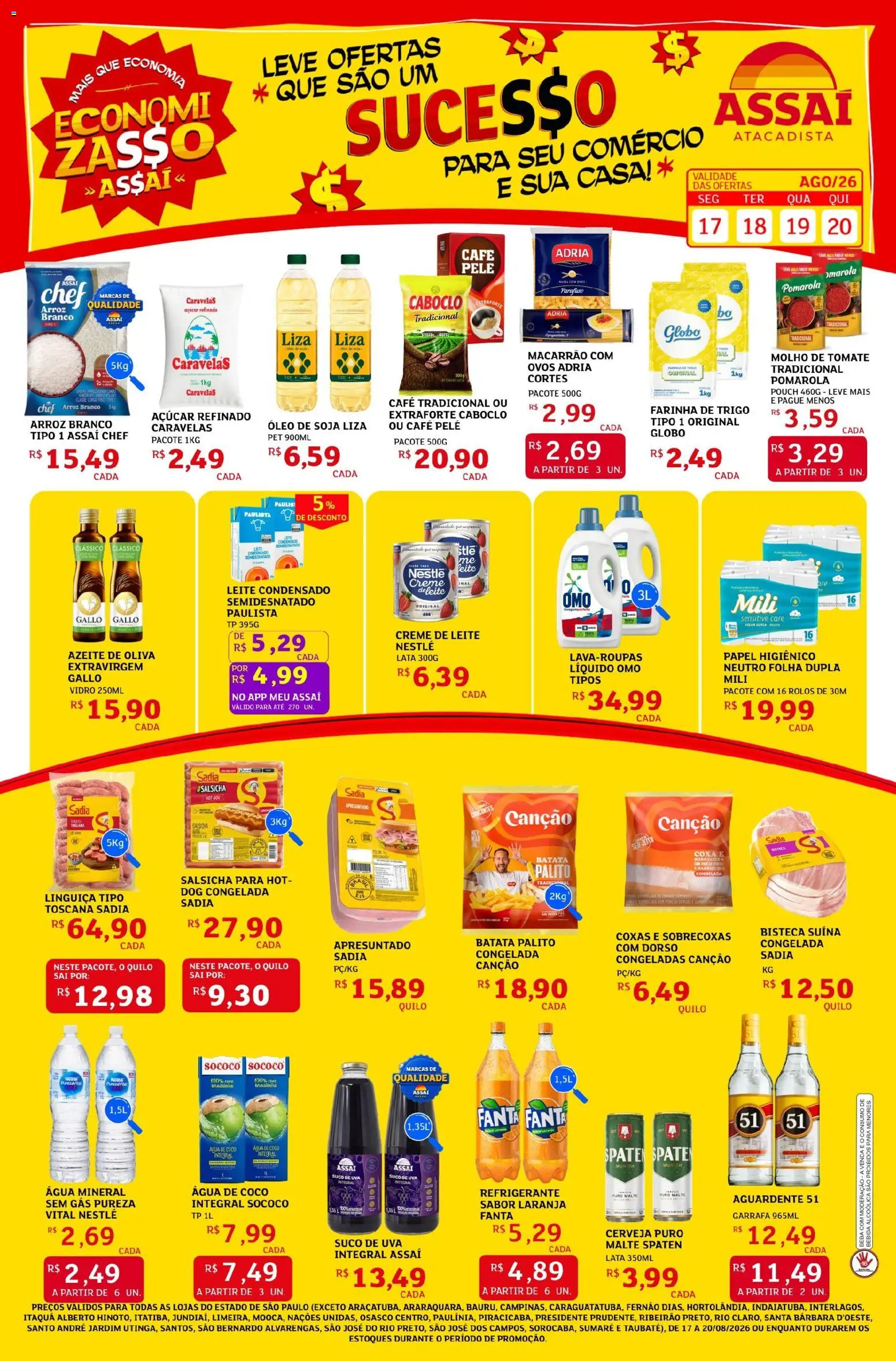 Pré-Visualização do folheto "Assaí Atacadista ofertas - SP" da loja Assaí Atacadista válido a partir de 17/08/2026 - Água, Água de coco, Arroz, Papel higiênico, Farinha de trigo, Molho de tomate, Linguiça, Patê