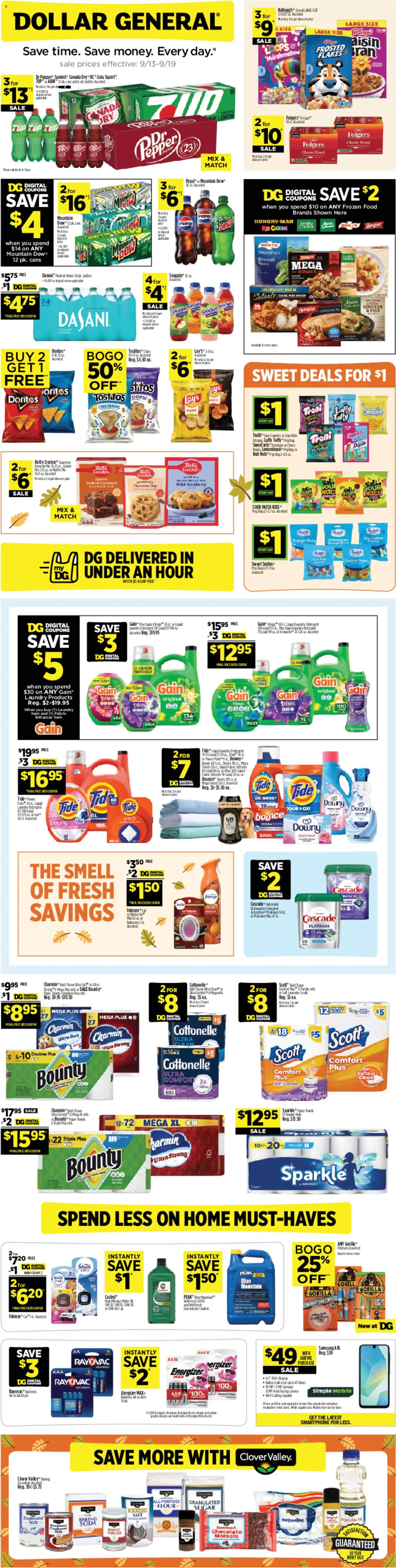 Ad Preview of Dollar General Dollar General Weekly Ad from 09/13/2026 - Water, Battery, Sweets, Sugar, Laundry detergent, Powder, Flakes, Chicken