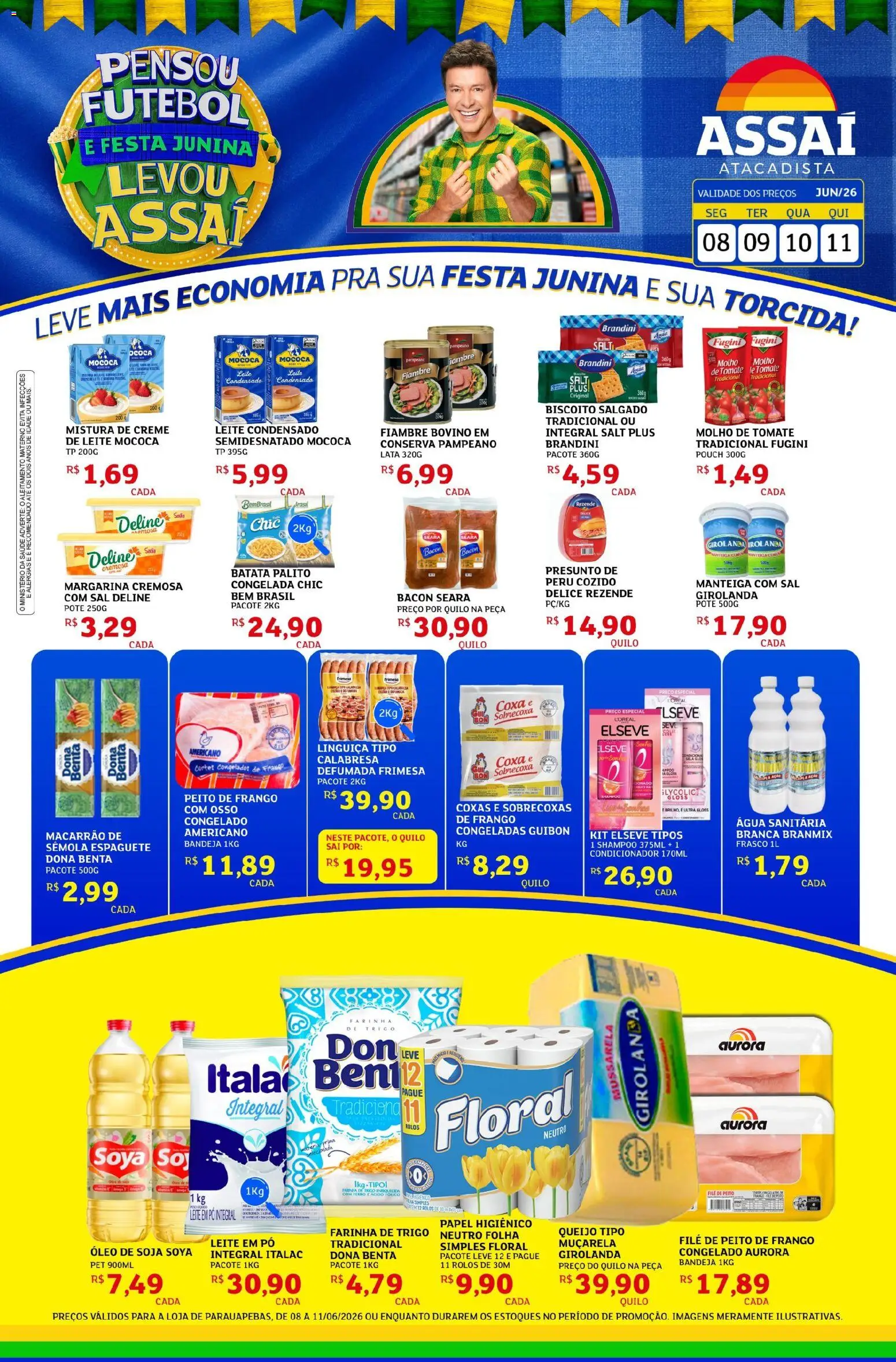 Pré-Visualização do folheto "Assaí Atacadista ofertas - PA" da loja Assaí Atacadista válido a partir de 08/06/2026 - Água, Macarrão, Frango, Papel higiênico, Peito de frango, Bandeja, Margarina, Muçarela