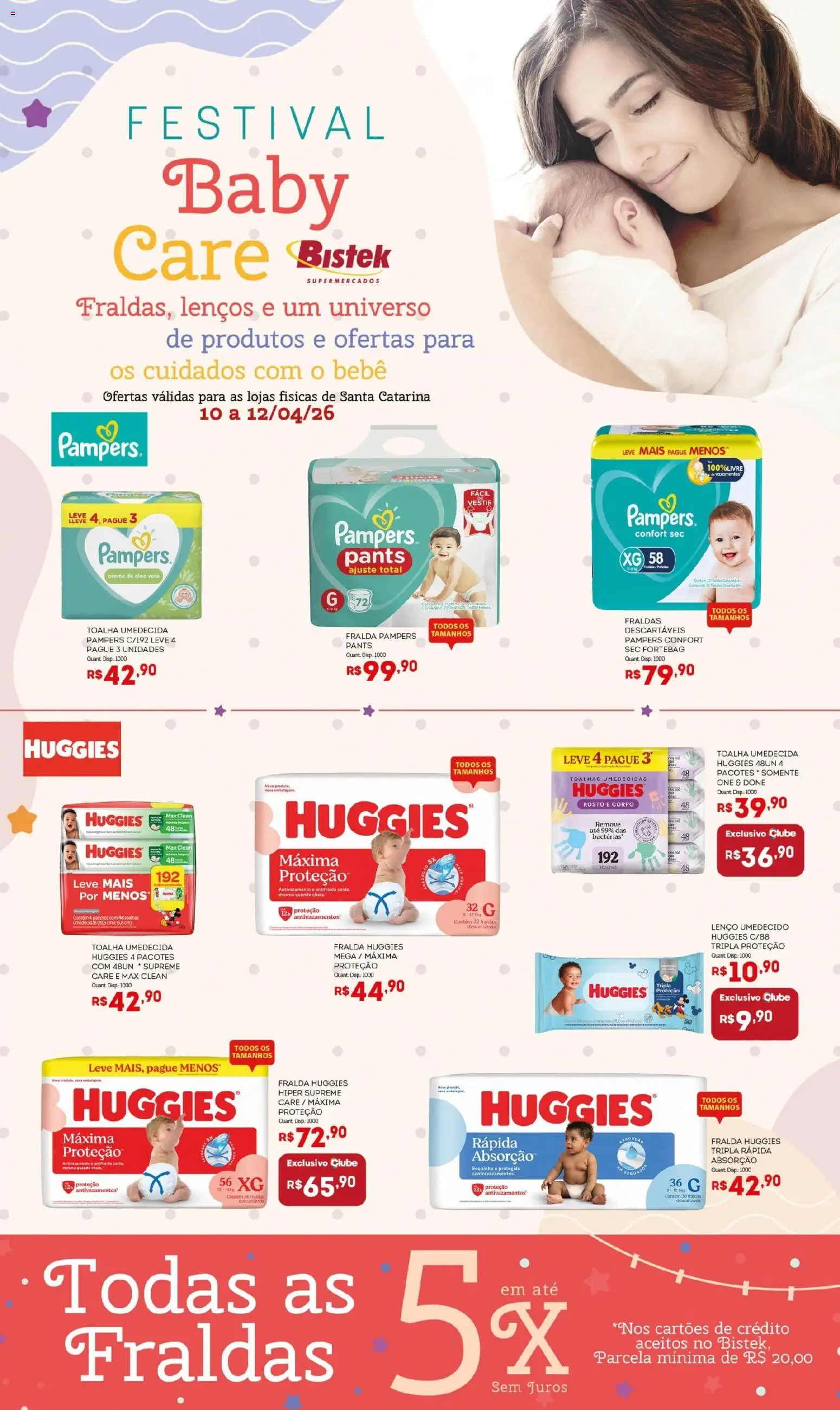 Pré-Visualização do folheto "Bistek Supermercados ofertas Festival Baby Care" da loja Bistek Supermercados válido a partir de 10/04/2026 - Fraldas, Fralda pampers, Lenço umedecido, Pampers, Aloe Vera, Lenço, Toalha umedecida