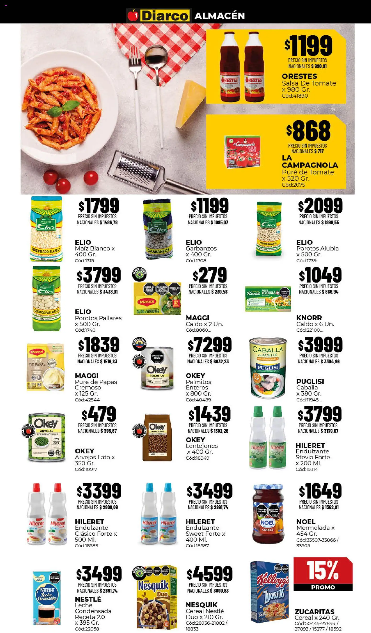 Vista previa del folleto de la tienda Diarco válido desde el 10/08/2026 - Tomate, Verduras, Palmitos, Arvejas, Porotos, Caballa, Mermelada, Pure de Tomate
