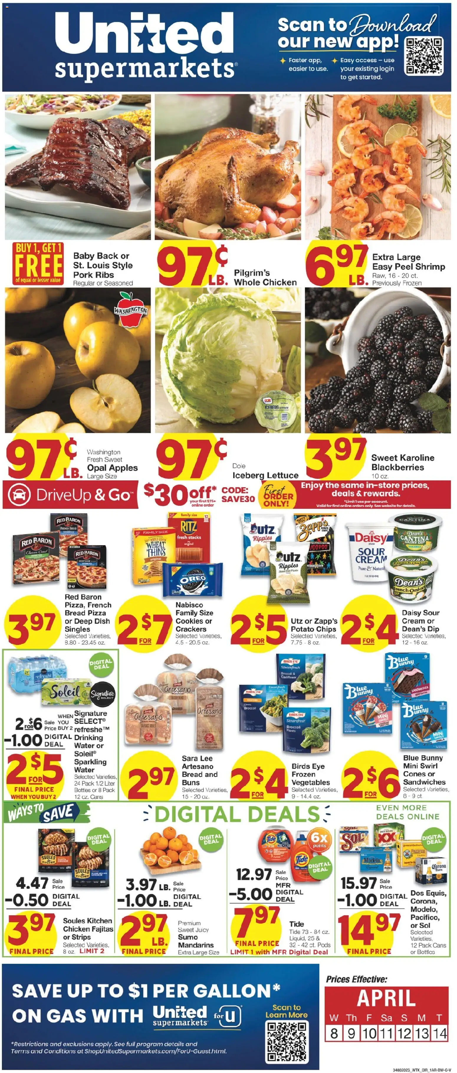 Ad Preview of United Supermarkets United Supermarkets Weekly Ad from 04/07/2026 - Pizza, Cookies, Shrimp, Oreo, Vanilla, Potato chips, Iceberg lettuce, Chicken