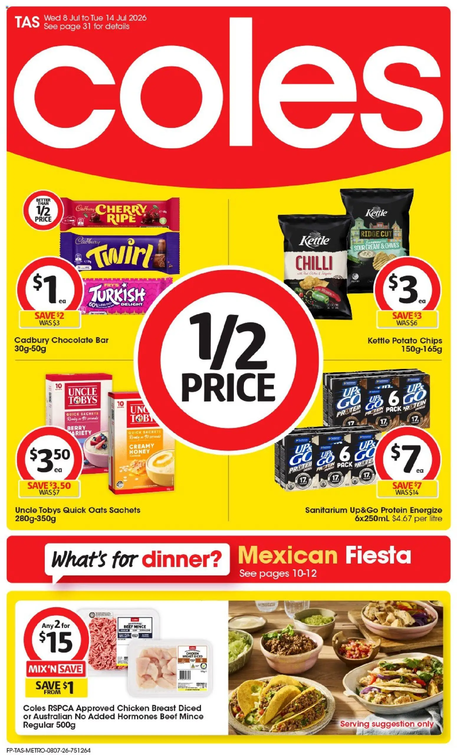 Preview of catalogue Coles catalogue TAS from shop Coles valid 08/07/2026 - Chocolate, Chicken, Sour cream, Chips, Sachets, Cream, Chilli, Chocolate bar