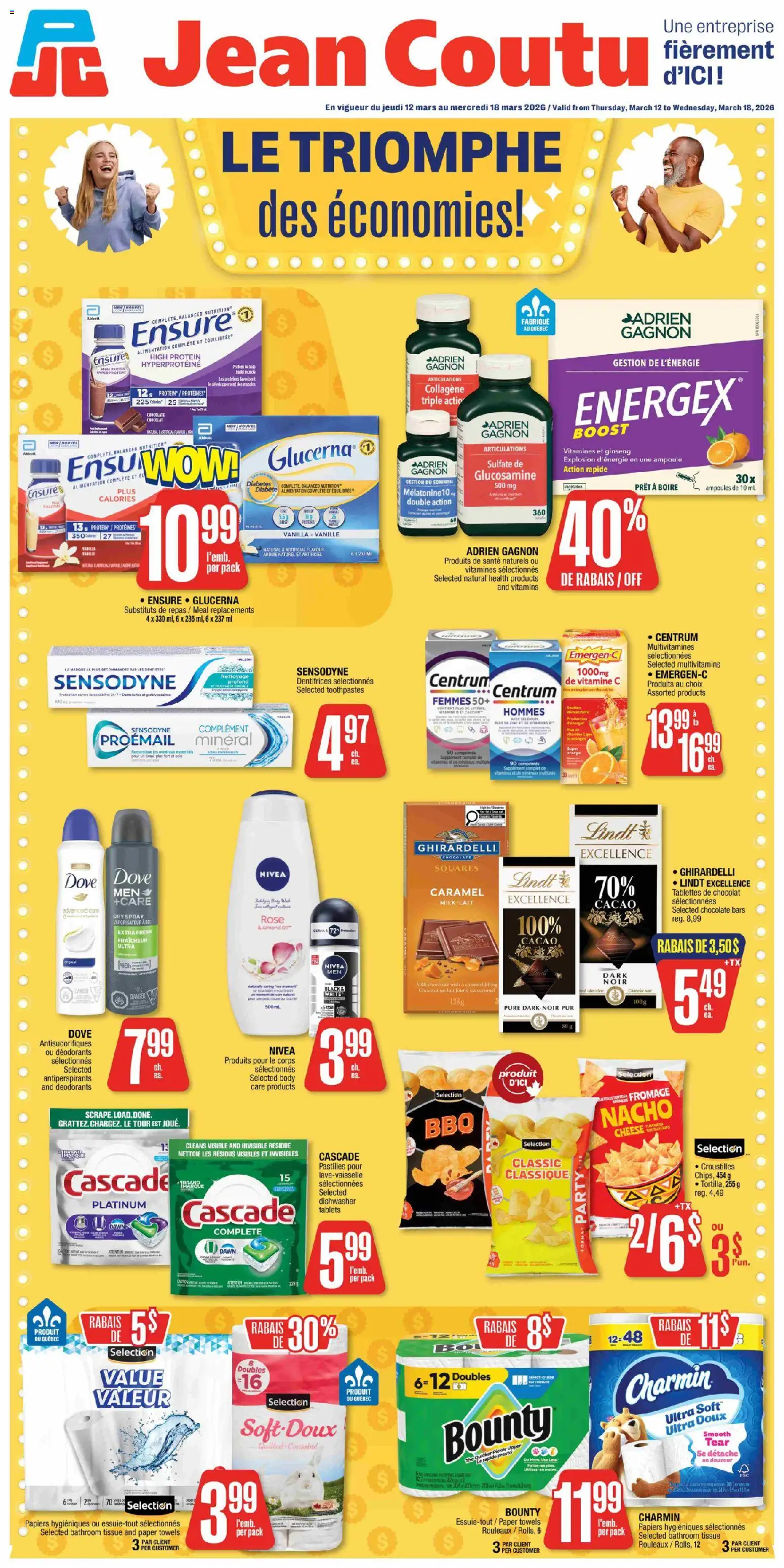Preview of leaflet Jean Coutu circulaire from shop Jean Coutu is valid from Mar 12, 2026 - Cheese, Lindt, Milk, Protein, Vanilla, Paper towels, Towels, Dishwasher tablets