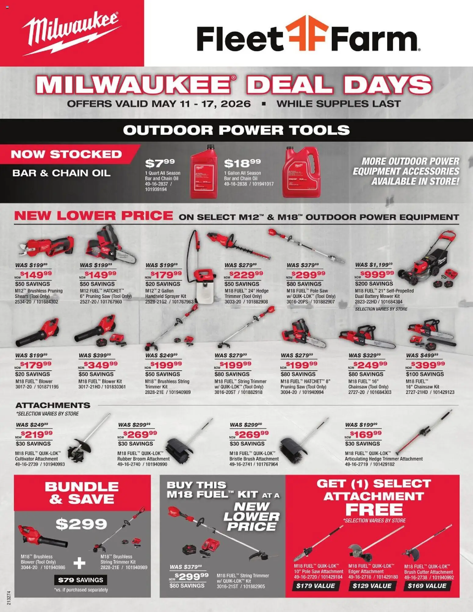 Ad Preview of Mills Fleet Farm Mills Fleet Farm Milwaukee Deal Days from 05/11/2026 - Chainsaw, Brush, Blower, Edger, Brush cutter, Cutter, String trimmer, Cultivator