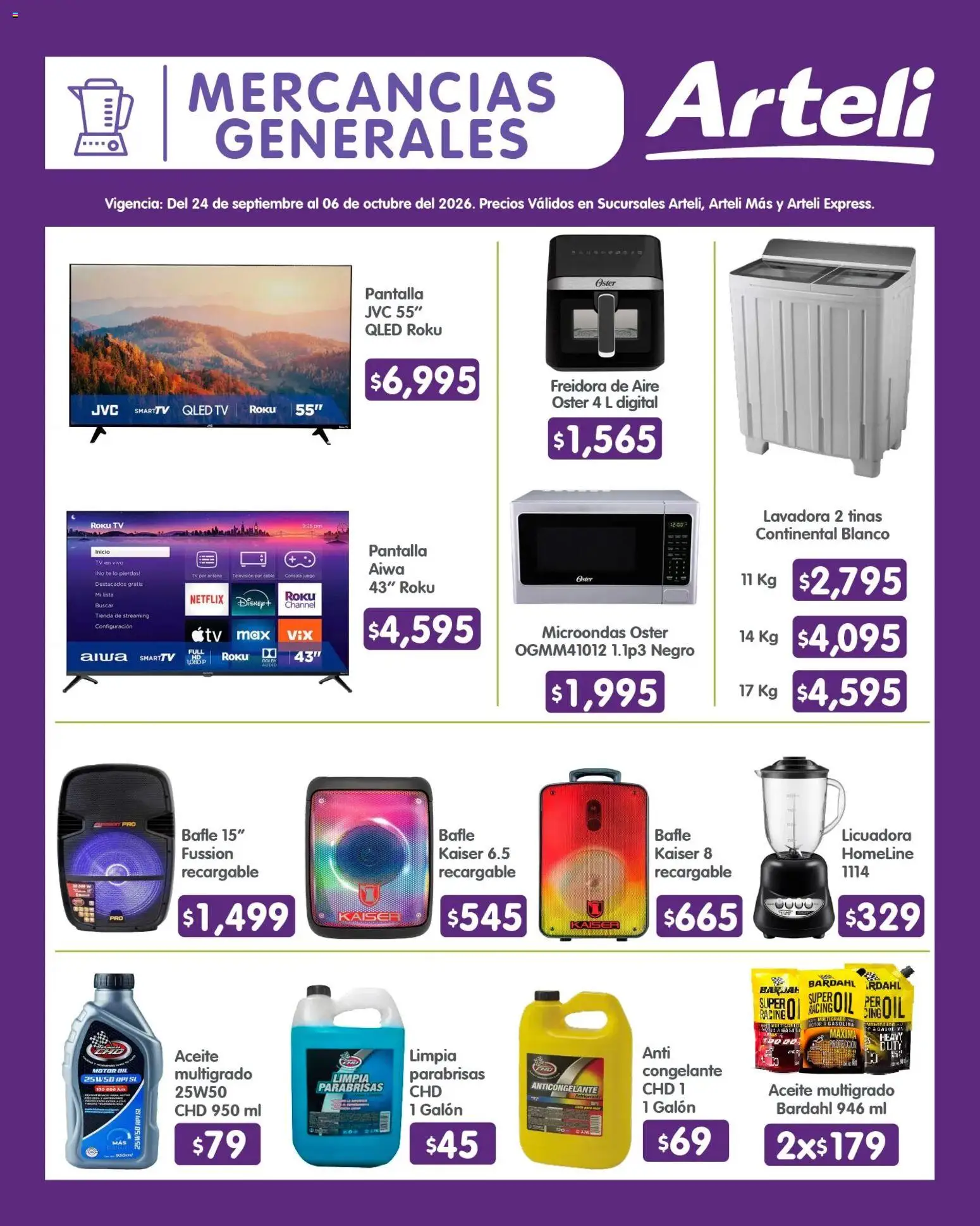 Vista previa las ofertas de la tienda Arteli - Arteli folleto Quincenal desde el 24/09/2026 - Juego, Té, Freidora de aire, Licuadora, Microondas, Aceite, Televisión, Freidora
