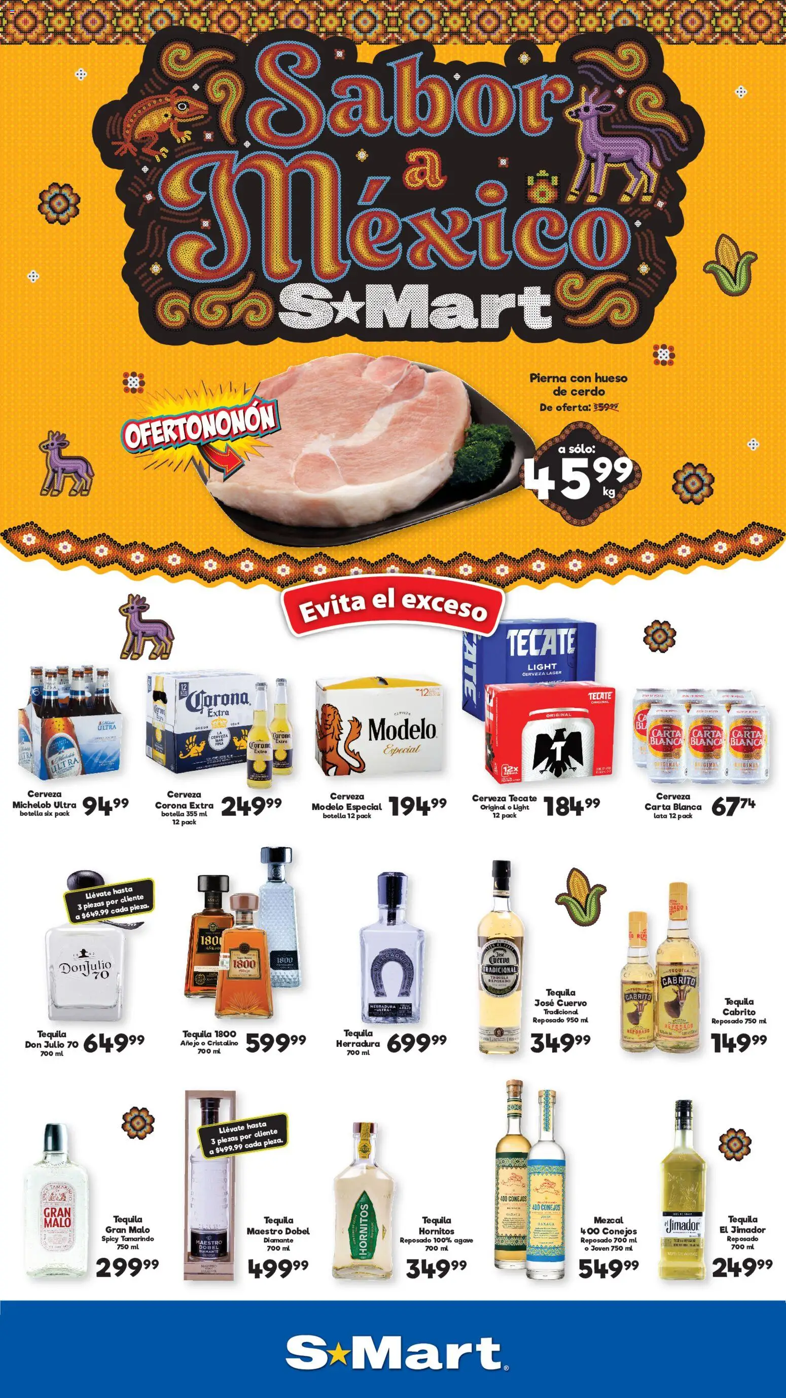 Vista previa las ofertas de la tienda S-Mart - S-Mart folleto Ofertas de feria Juárez desde el 11/09/2026 - Tequila, Cerveza, Cerdo, Cerveza Corona, Agave, Botella, Corona Extra